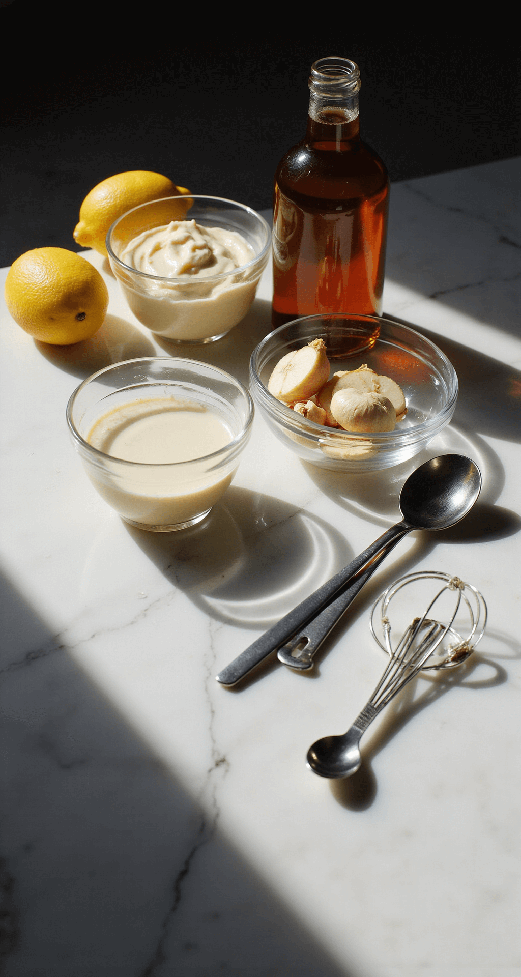 Close-up of ingredients for Alabama White Sauce on a marble countertop, featuring glass bowls of mayonnaise, an amber bottle of apple cider vinegar, fresh lemons, and garlic cloves, with stainless steel measuring spoons and a whisk, illuminated by dramatic studio lighting and soft natural light.