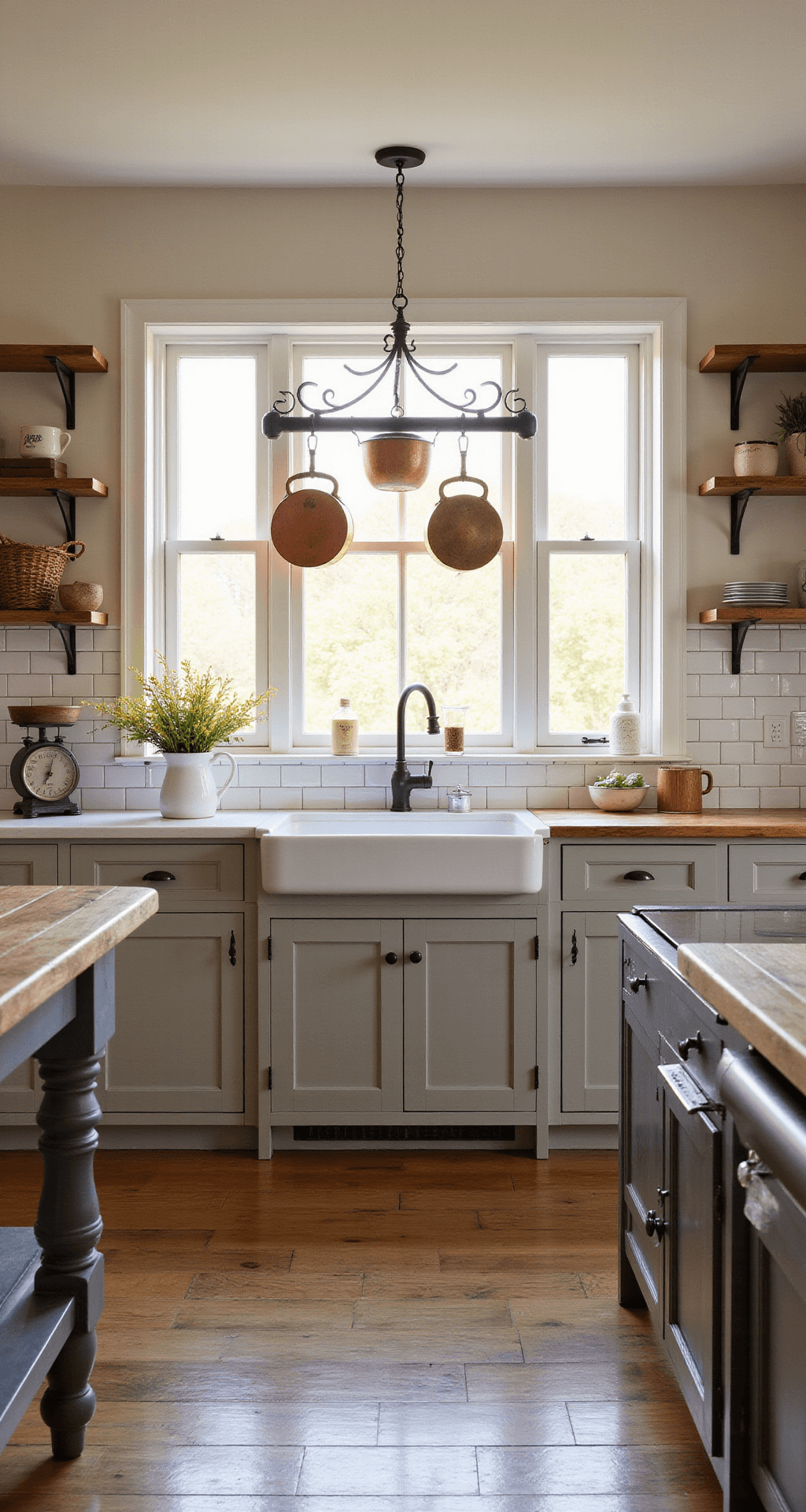 A beautifully designed farmhouse chic kitchen bathed in golden hour light, featuring warm greige Shaker-style cabinets, reclaimed oak open shelving, vintage copper pots, and a butcher block island, styled with a vintage scale, ironstone pitcher with wildflowers, and woven baskets, all on weathered oak floors.