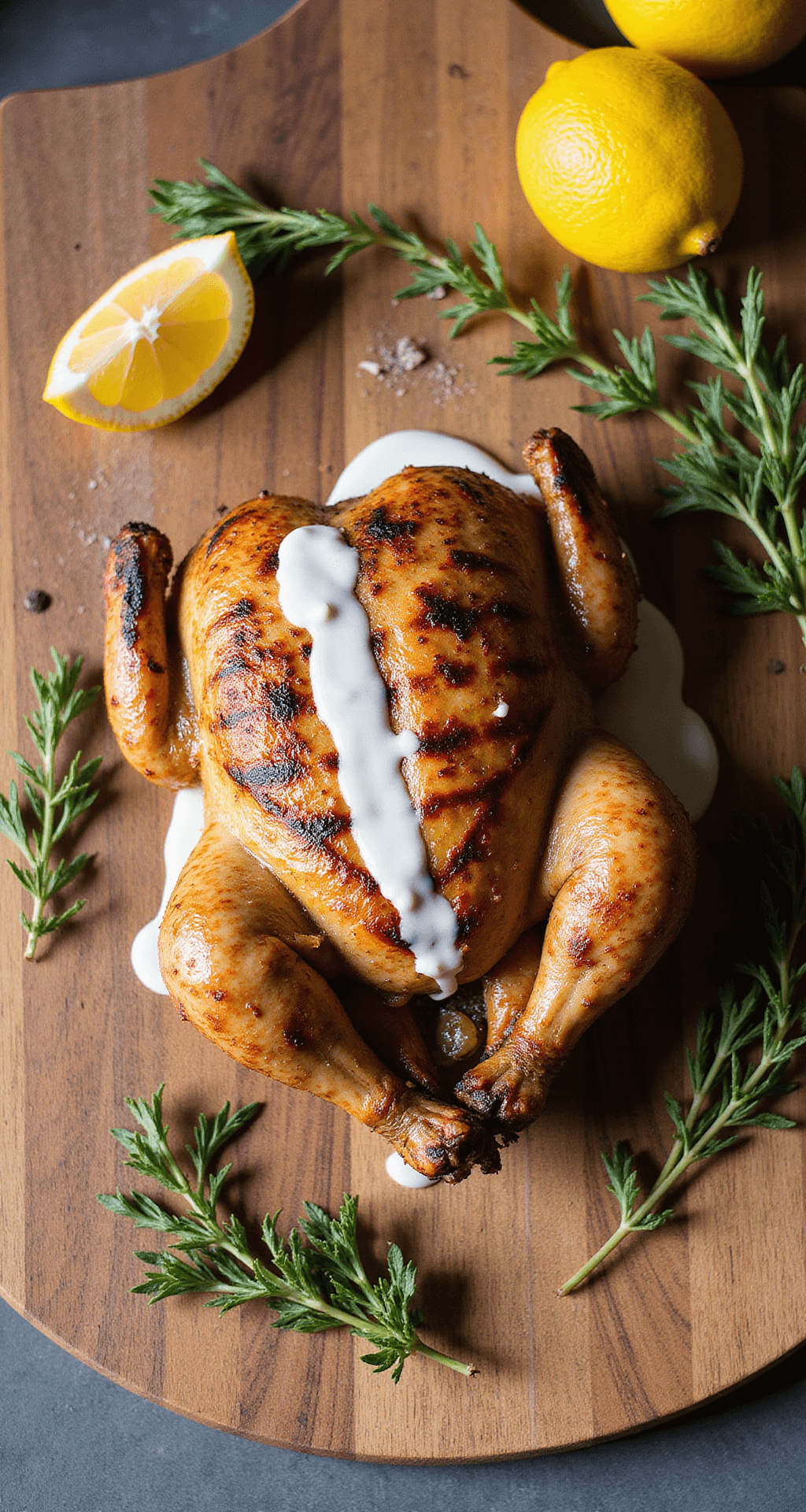 Overhead view of a golden-brown grilled whole chicken on a rustic wooden cutting board, garnished with fresh herbs and lemon wedges, drizzled with creamy Alabama White Sauce, with wisps of smoke and dramatic afternoon light.