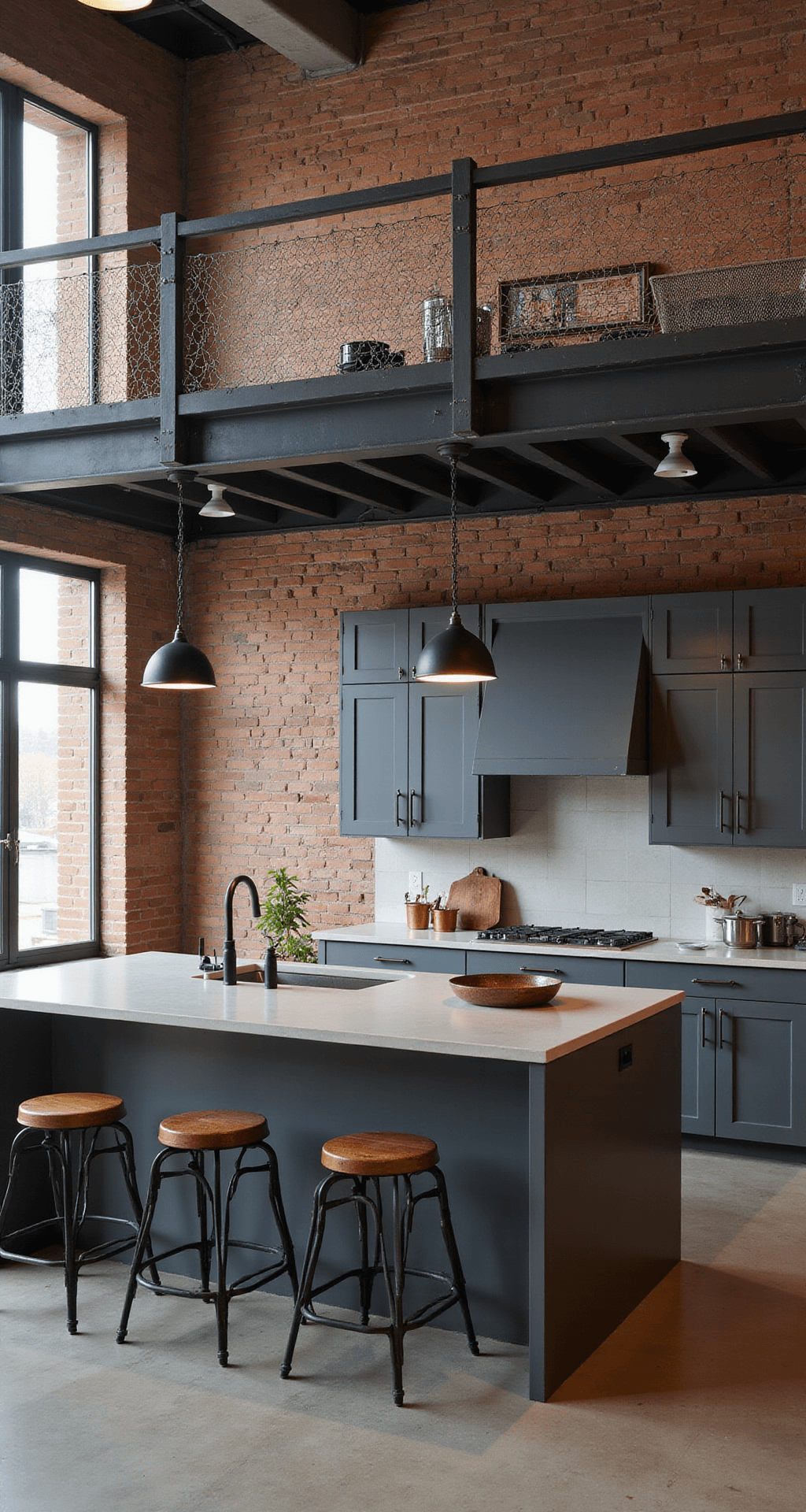 Industrial loft kitchen featuring a dramatic 20ft exposed brick wall, dark grey cabinets with blackened steel handles, polished concrete countertops, vintage factory pendant lights, and styled with copper cookware and industrial bar stools, shot from a mezzanine level.