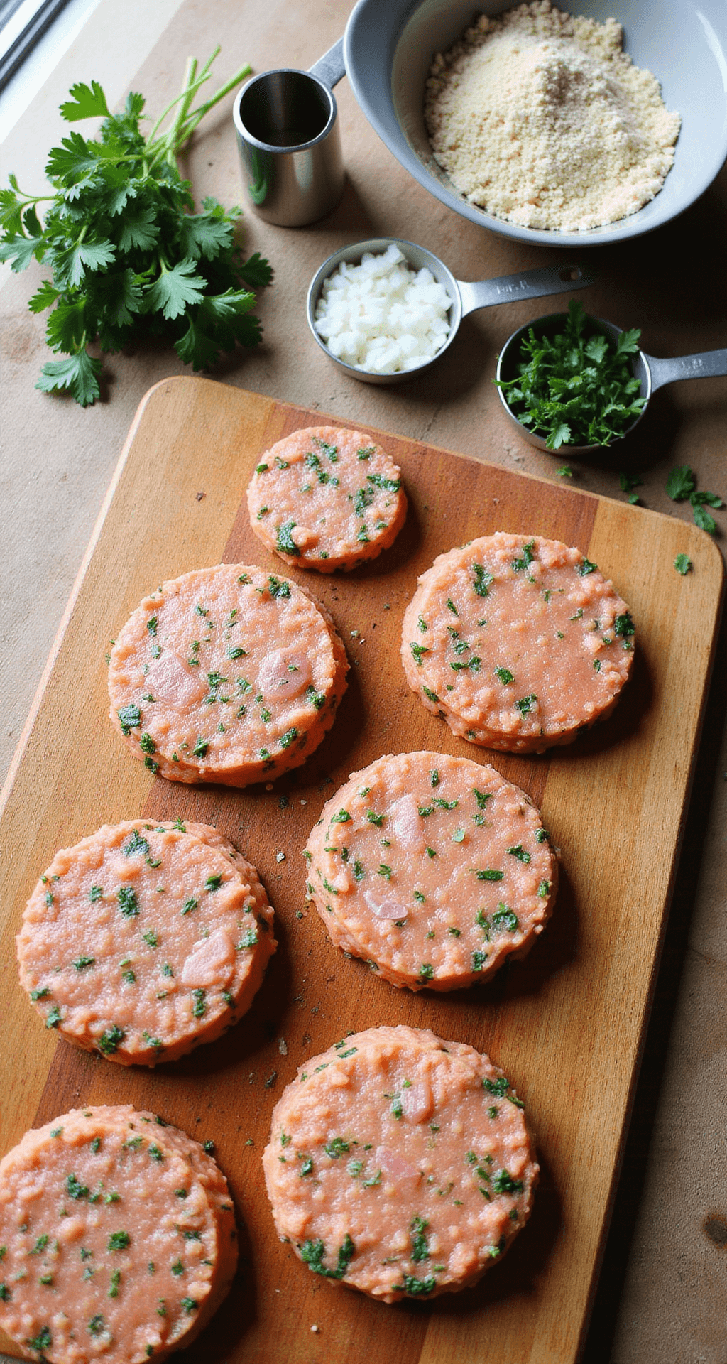 Overhead view of a rustic wooden cutting board with raw salmon patties flecked with green parsley and diced onions, measuring cups, fresh herbs, and a bowl of breadcrumbs in the background, illuminated by natural light.