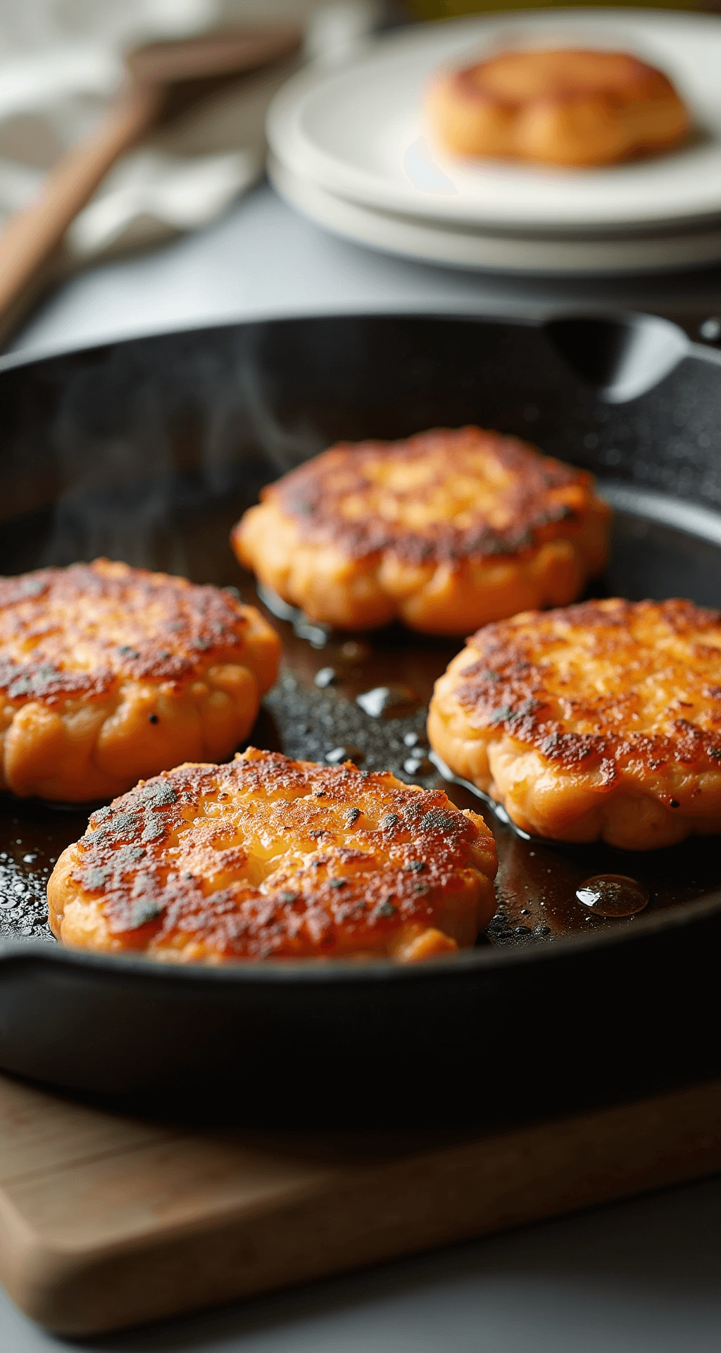 Close-up of golden brown salmon patties sizzling in a cast iron skillet, with steam rising and droplets of olive oil glistening in warm kitchen light; a wooden spatula and a paper towel-lined plate are in the soft-focused background.