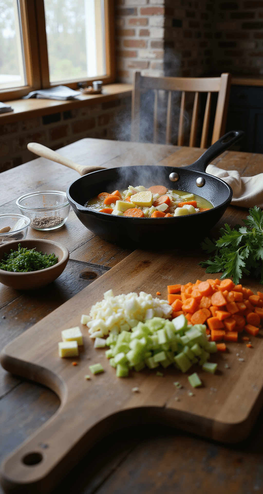 A rustic kitchen countertop with a large skillet of sautéing vegetables in golden butter, surrounded by fresh herbs and measured ingredients in glass bowls, with steam rising and a wooden spoon resting against the pan's edge.