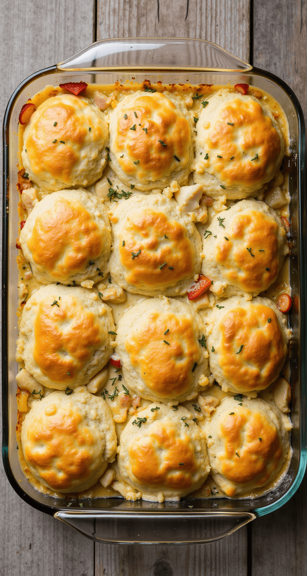 An overhead view of a bubbling casserole in a glass baking dish, featuring golden-brown biscuits atop a creamy chicken filling with visible chunks of chicken and colorful vegetables, garnished with fresh thyme on a wooden surface.