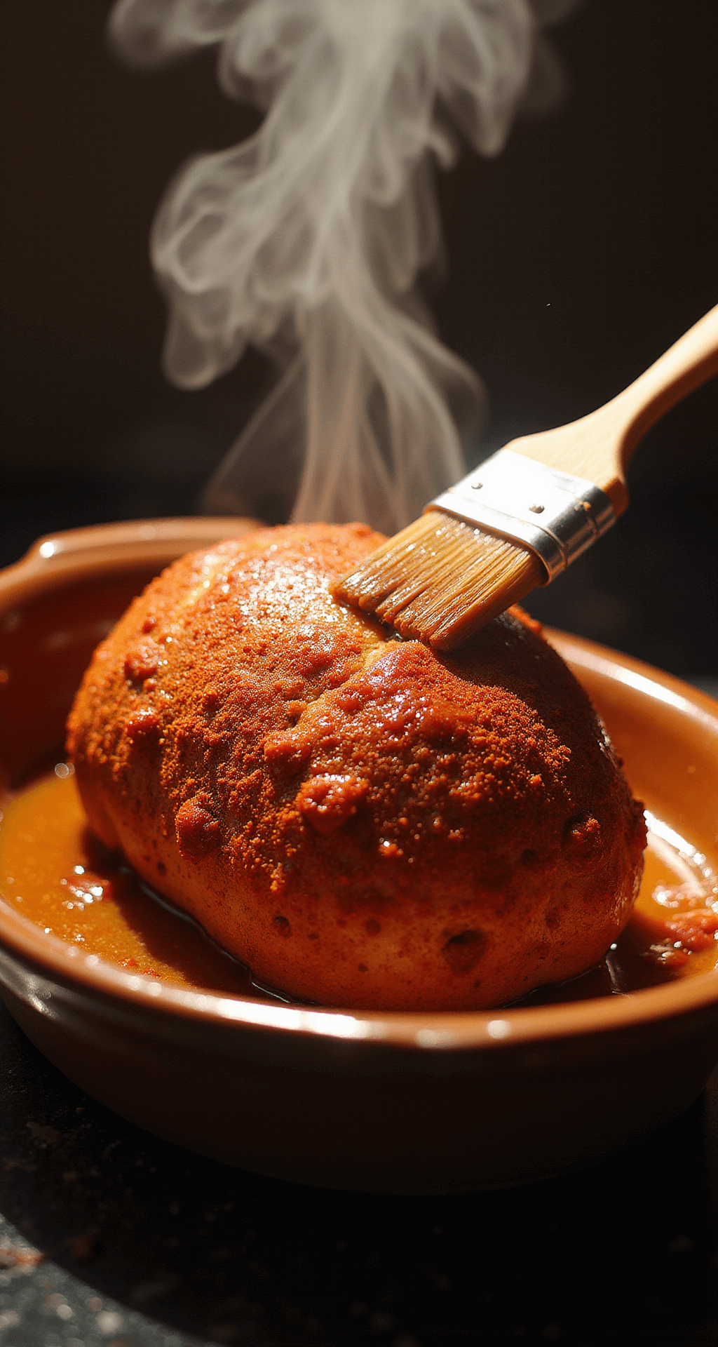Steam rises from a golden-brown ham loaf in a ceramic baking dish, glistening with caramelized glaze and mid-baste, with a pastry brush dripping amber glaze, all illuminated by warm oven light and accented with a paprika-dusted top.