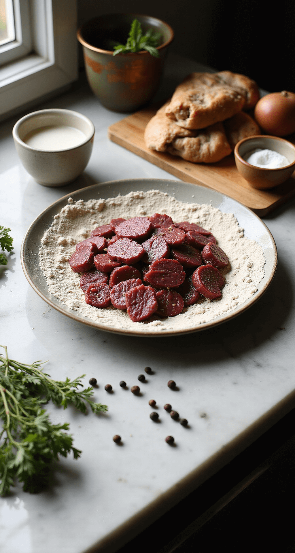 A professional kitchen scene featuring thinly sliced beef liver being dredged in seasoned flour on a marble countertop, with fresh herbs, a glass bowl of milk, a vintage cutting board, and scattered black peppercorns, all illuminated by dramatic side lighting.