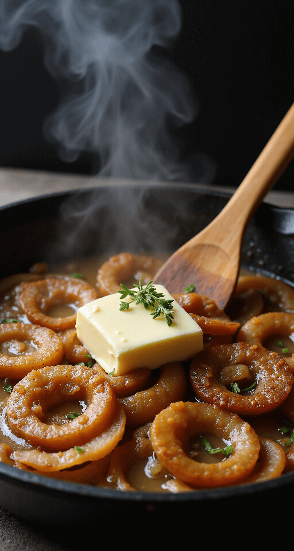 Close-up of caramelized onions in a cast iron skillet, with steam rising and butter bubbling around the edges, illuminated by warm lighting; a wooden spatula and fresh thyme sprigs are visible.