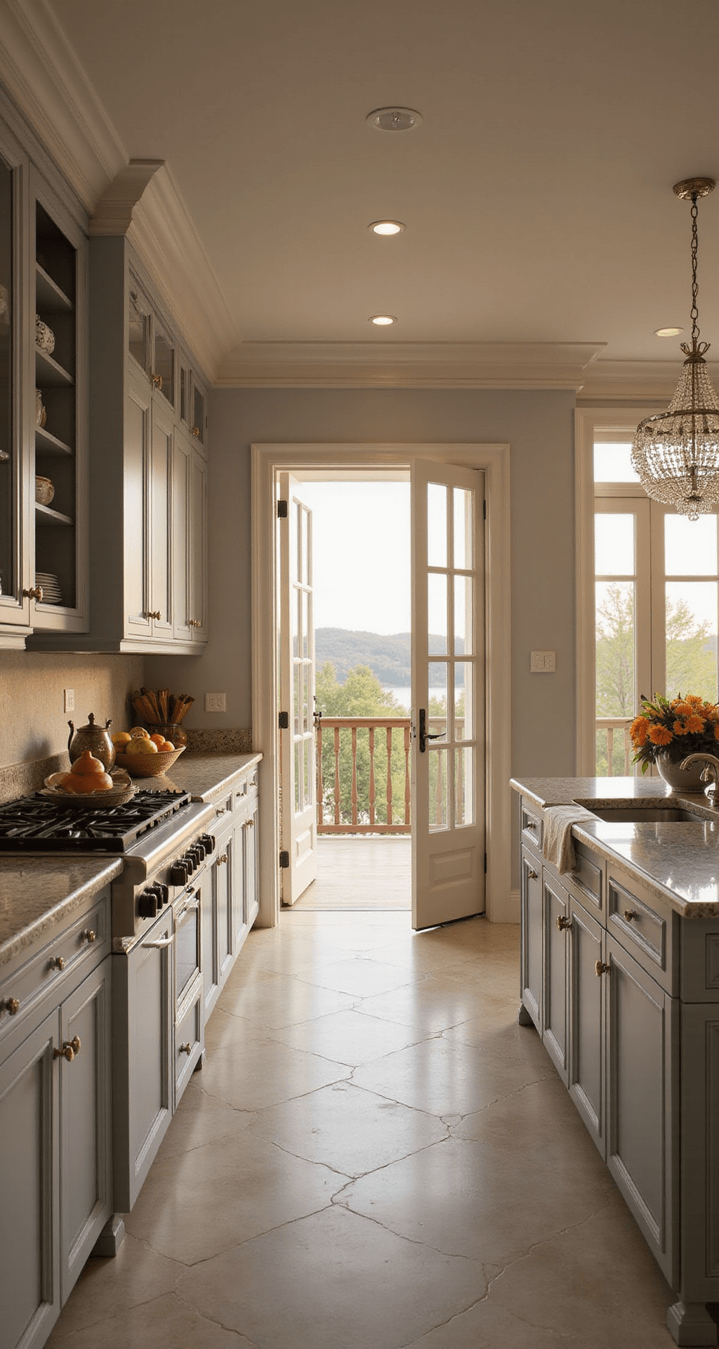 A beautifully designed traditional transitional kitchen featuring warm light gray inset cabinets, glass upper cabinets, honed granite counters in gray tones, and polished nickel fixtures. The herringbone marble tile floor complements the space, while a crystal chandelier hangs over the island, all illuminated by golden hour light streaming through French doors. Crown molding and wainscoting add architectural detail to this inviting kitchen.