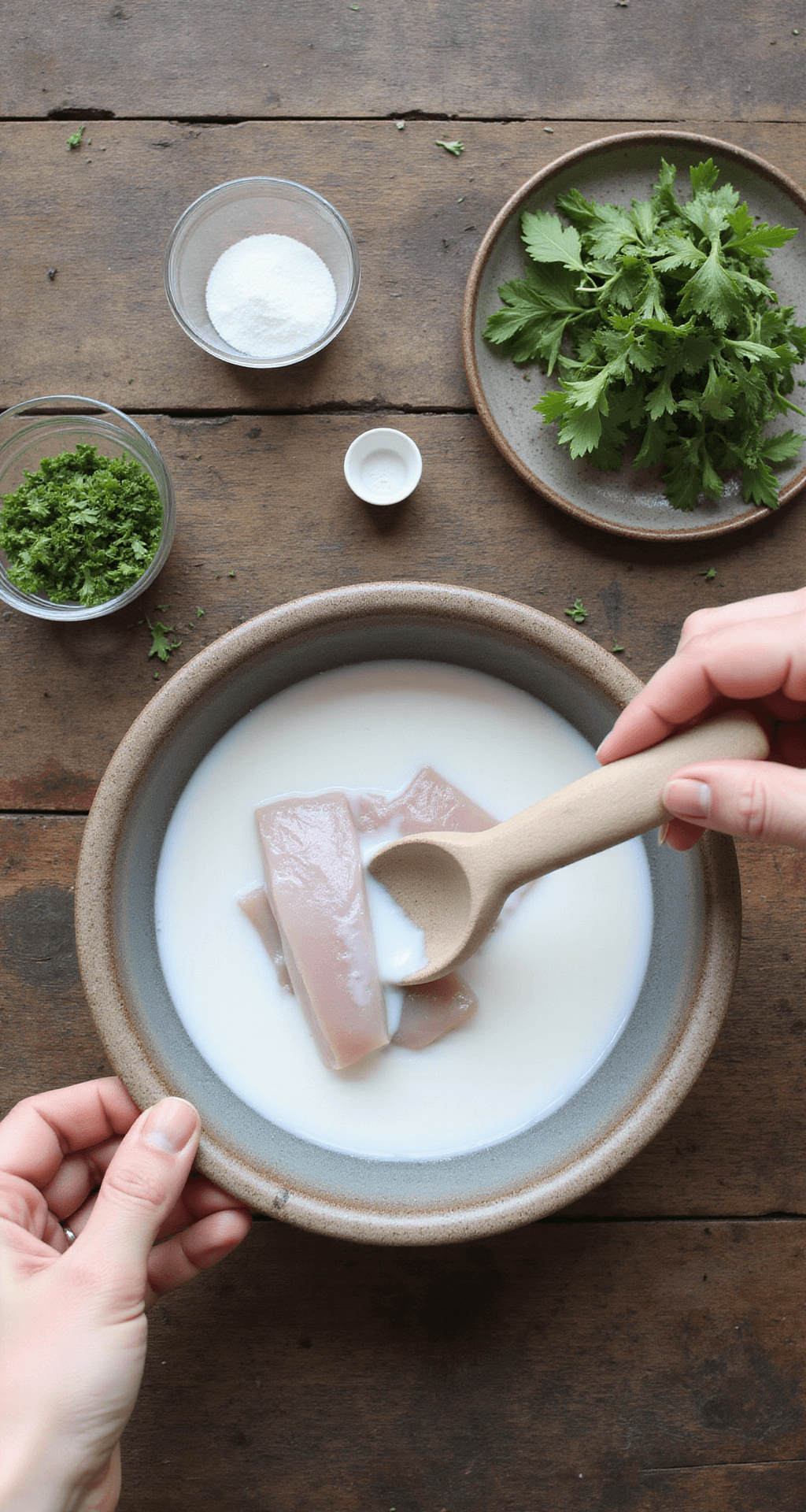 Overhead view of fresh trout fillets being lowered into a creamy buttermilk bath in a rustic ceramic bowl, with soft natural light highlighting the fish's texture and surrounding herbs and seasonings on a weathered wooden countertop.