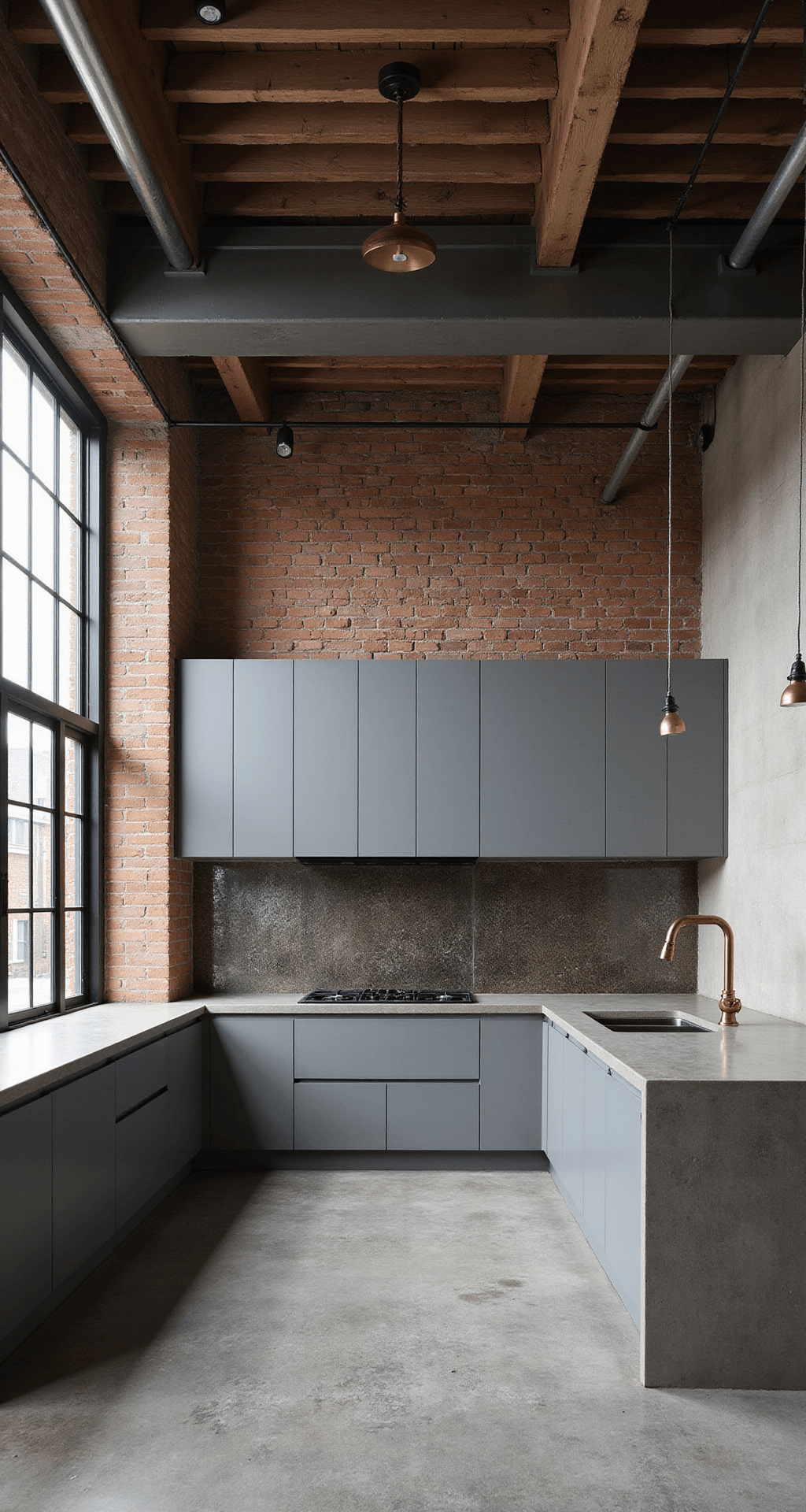 Loft-style industrial kitchen featuring exposed brick walls, large factory windows allowing late afternoon light, cool gray slab cabinets with blackened steel frames, concrete countertops, metallic tile backsplash, mixed metal fixtures, and polished concrete floors, captured in a wide-angle shot to emphasize vertical height and material contrasts.