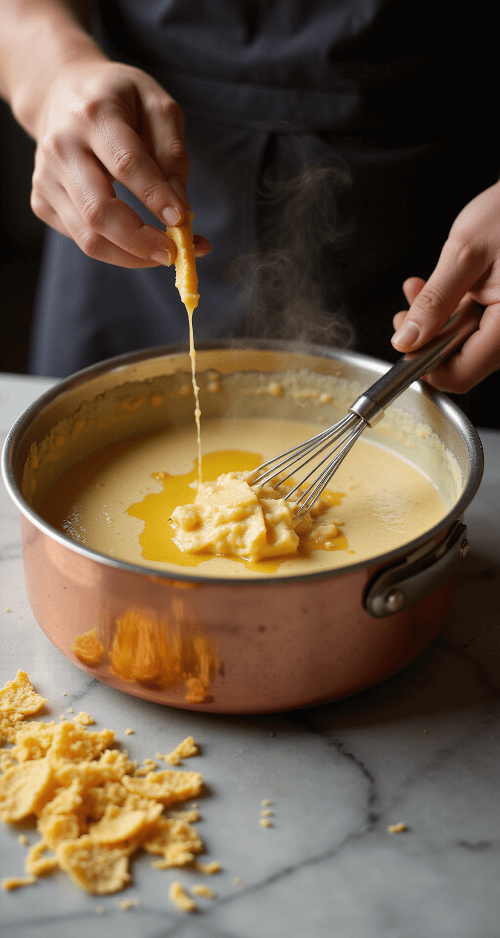 Close-up of hands whisking Mornay sauce in a copper saucepan, with steam rising, melting butter and flour creating texture, scattered aged cheese on marble countertop, illuminated by warm light.