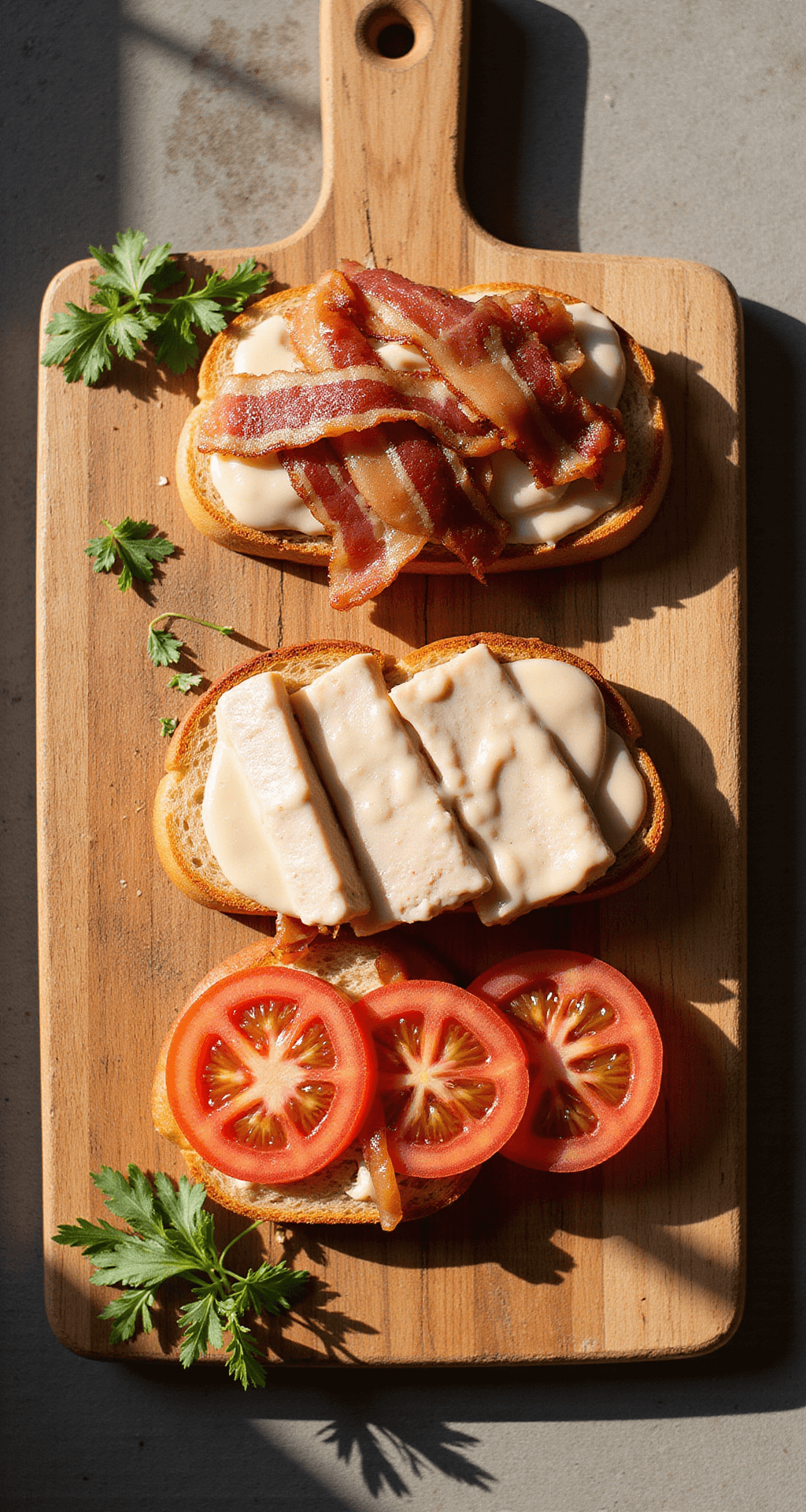 Overhead view of a rustic wooden cutting board displaying a Kentucky Hot Brown with thick-cut toasted bread, turkey slices, Mornay sauce, crossed bacon strips, and vibrant tomato slices, accented by fresh parsley and dramatic natural lighting.