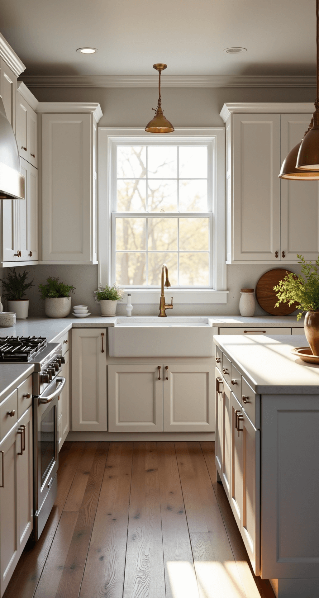 Modern farmhouse kitchen with white Shaker cabinets and oak floors, featuring a quartz waterfall island and large window above the sink, illuminated by morning light.