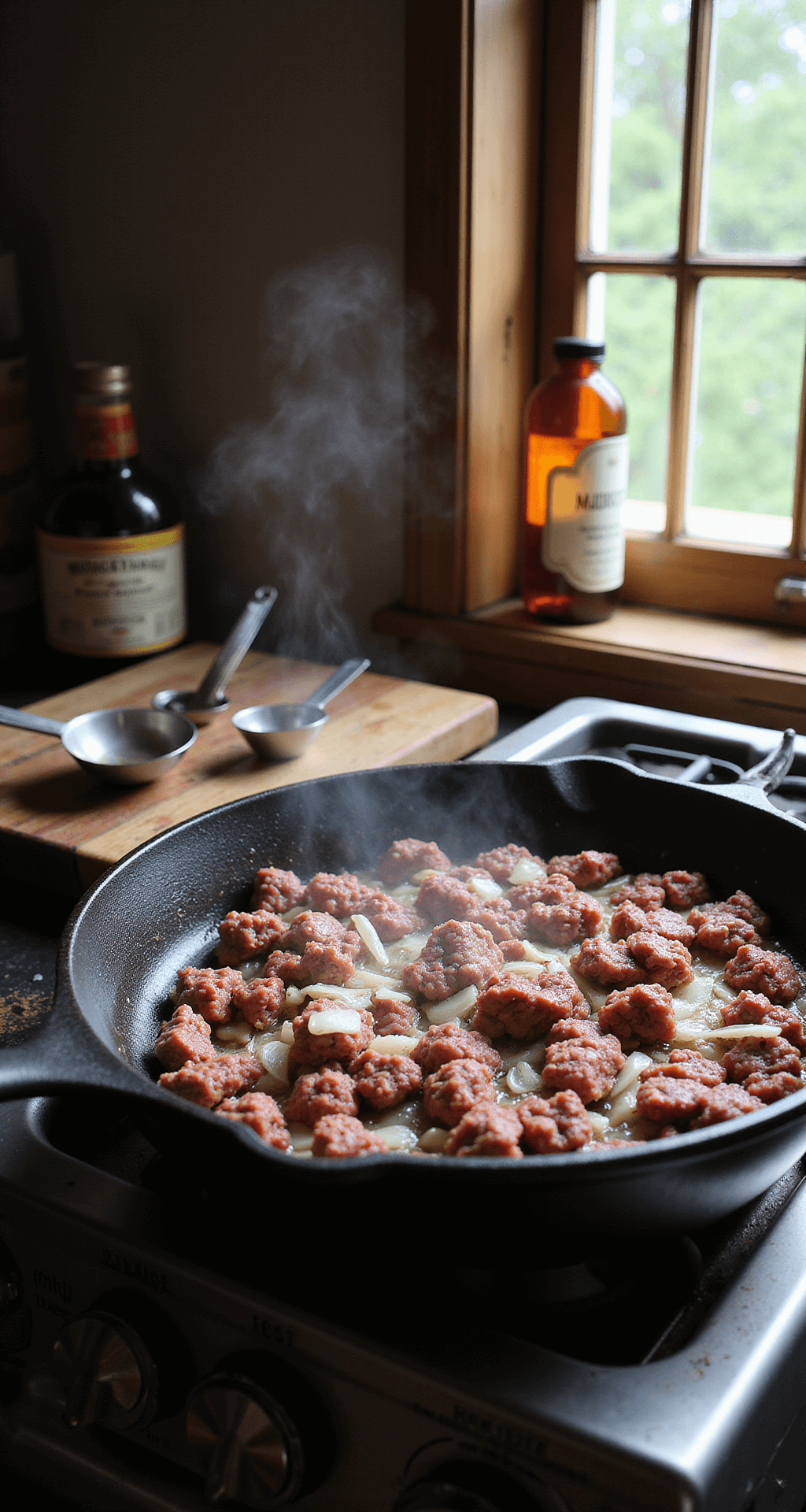 A rustic kitchen with a sunlit atmosphere featuring a cast-iron skillet sizzling with crumbled ground beef and diced onions, surrounded by measuring spoons and ingredients like Worcestershire sauce and mustard on a wooden cutting board.