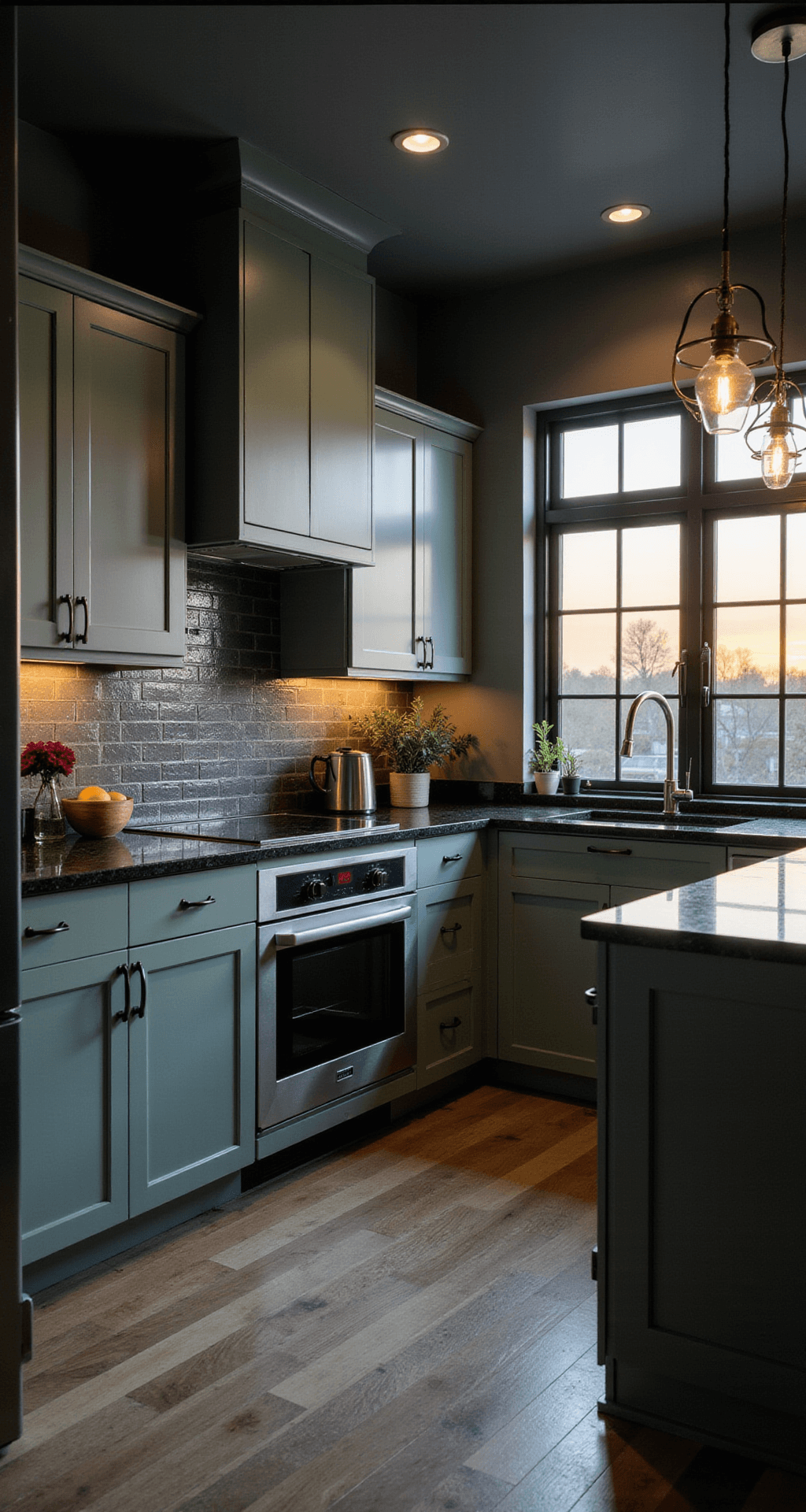A moody contemporary kitchen at dusk featuring matte sage green cabinets, black granite counters, and industrial-style windows framing a sunset, with brushed nickel fixtures and geometric pendant lights casting shadows, all highlighted by professional lighting to emphasize the cabinet profiles.