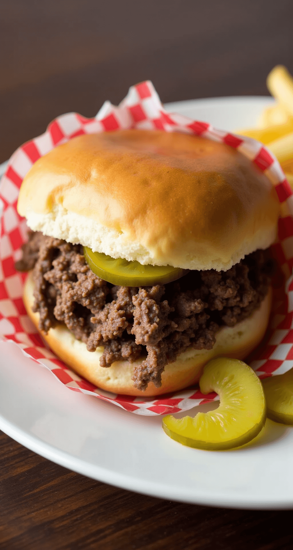 Close-up of a Maid Rite sandwich on a white diner plate, featuring a golden-brown bun filled with finely-crumbled seasoned beef, bright green pickle chips, and a red and white checkered paper liner, all enhanced by soft, directional lighting.
