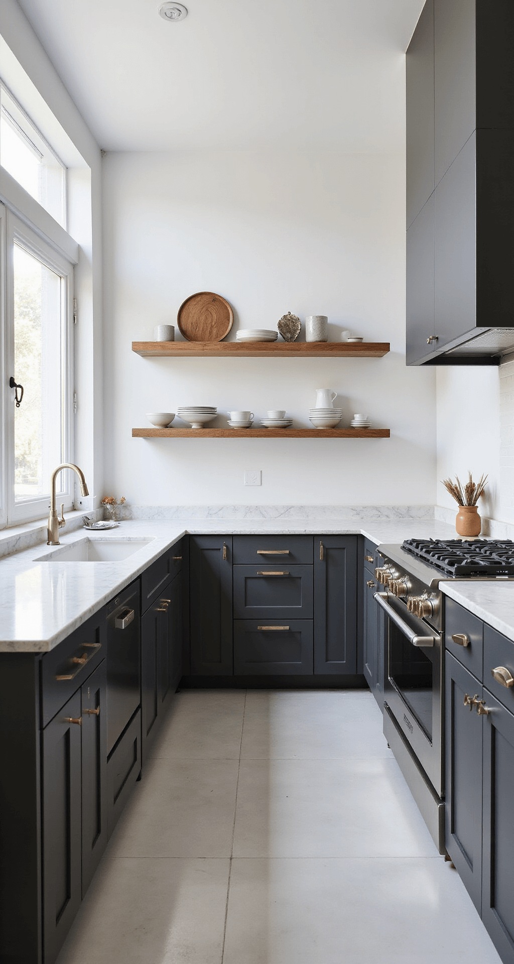 Minimalist Scandinavian kitchen featuring charcoal gray cabinets against white walls, floor-to-ceiling windows, marble counters, and curated ceramics, all illuminated by afternoon light.