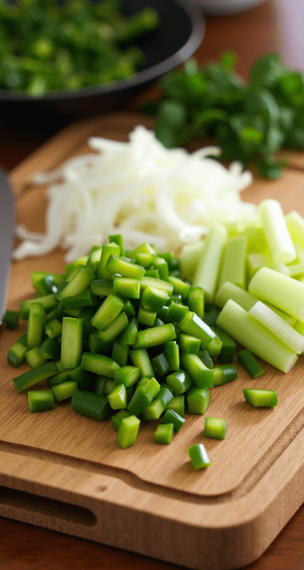Close-up shot of freshly chopped Holy Trinity ingredients—green bell peppers, white onions, and celery—on a rustic wooden cutting board, with a chef's knife and scattered parsley leaves in warm, natural lighting.