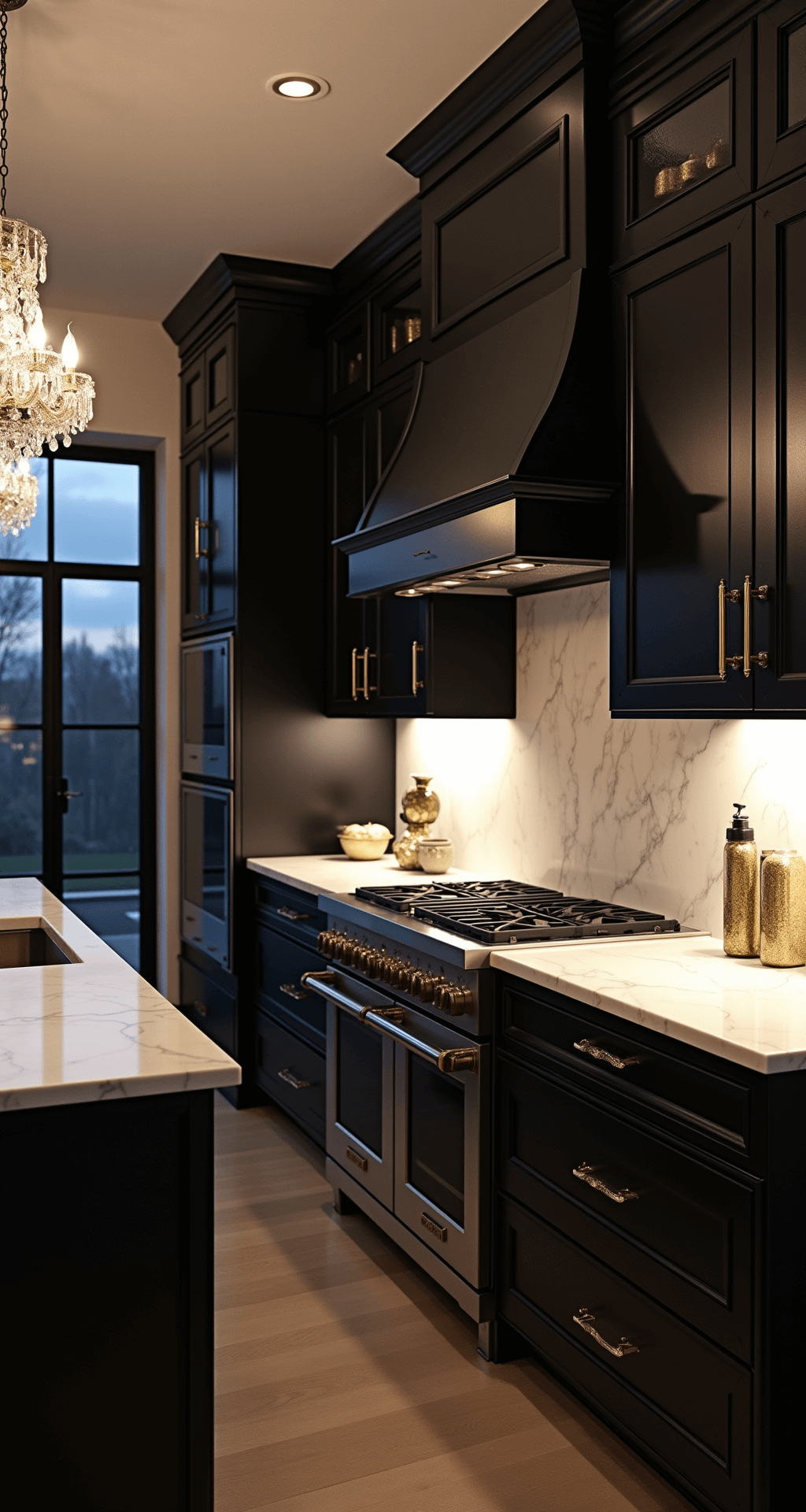 A dramatic kitchen at twilight featuring black cabinets and white marble counters, illuminated by under-cabinet lighting and a crystal chandelier, capturing an elegant evening ambiance from an elevated perspective.