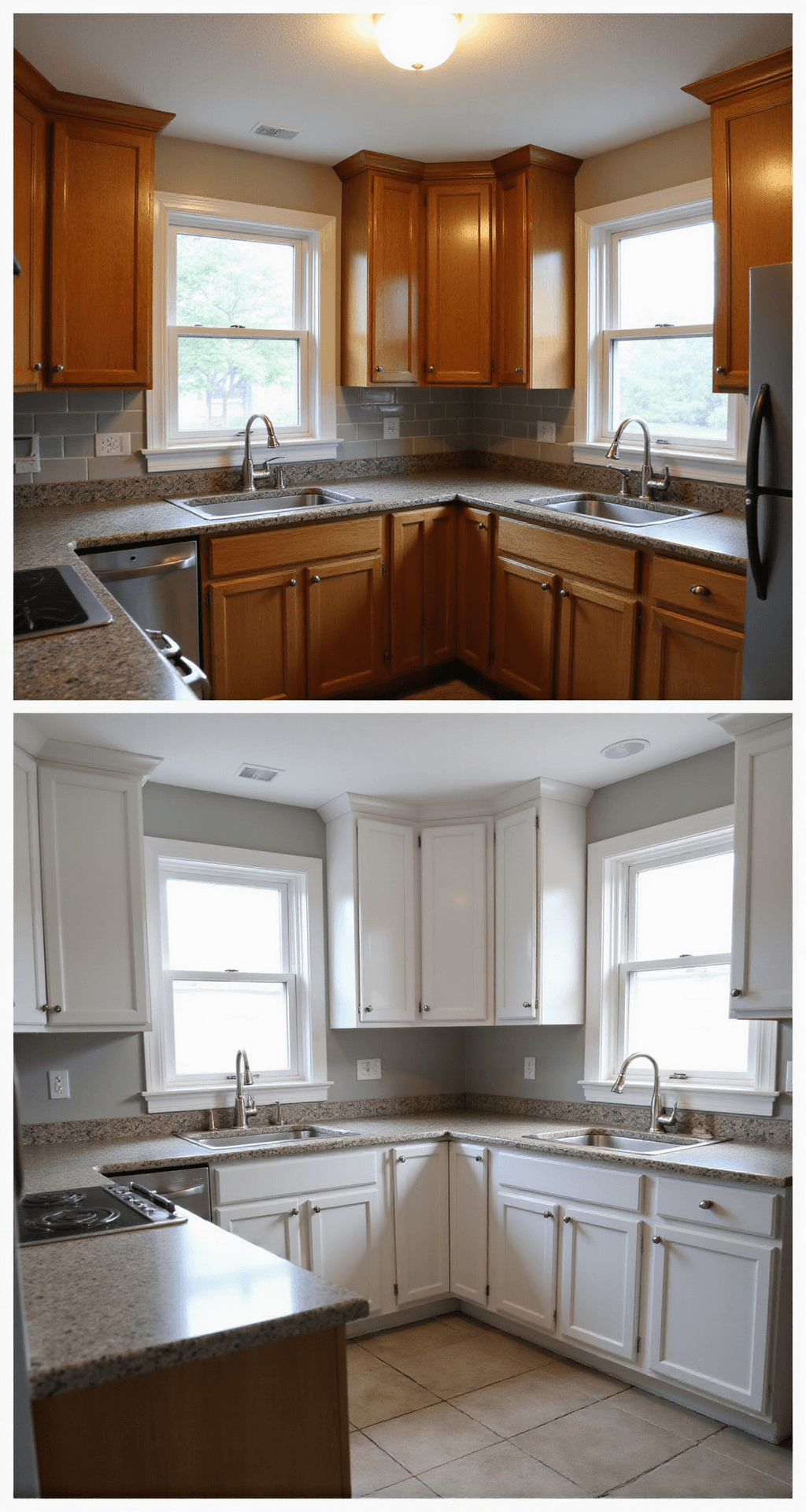 Before and after image of a traditional kitchen transformation, showcasing original oak cabinets beside newly painted white sections in a 12x14ft space. Natural light streams through a bay window, illuminating granite counters and a subway tile backsplash, with stages of the cabinet painting process highlighted for a clear side-by-side comparison.