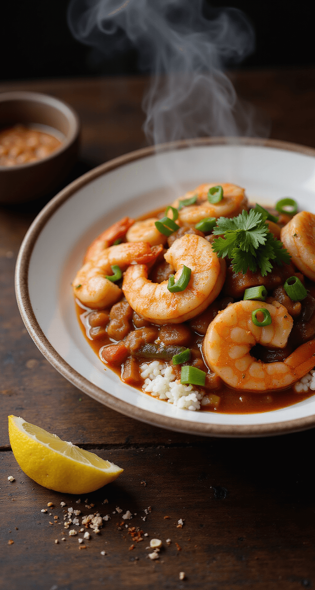 Overhead view of a steaming bowl of rich Shrimp Creole over white rice, featuring pink Gulf shrimp in glossy sauce with vegetables, garnished with parsley and green onions, set on a rustic wooden table with a lemon wedge and cayenne pepper flakes.