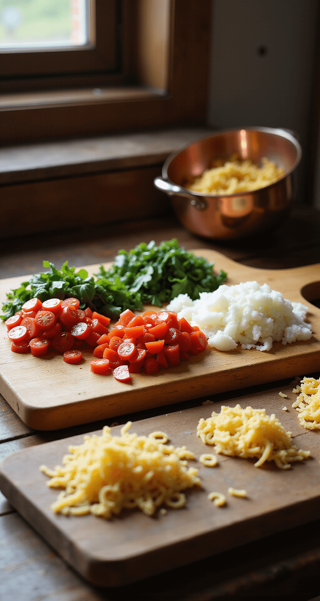 A rustic kitchen bathed in warm natural light, featuring a wooden cutting board with diced vegetables, grated cheese, and al dente pasta in a colander, with soft focus on copper cookware in the background.
