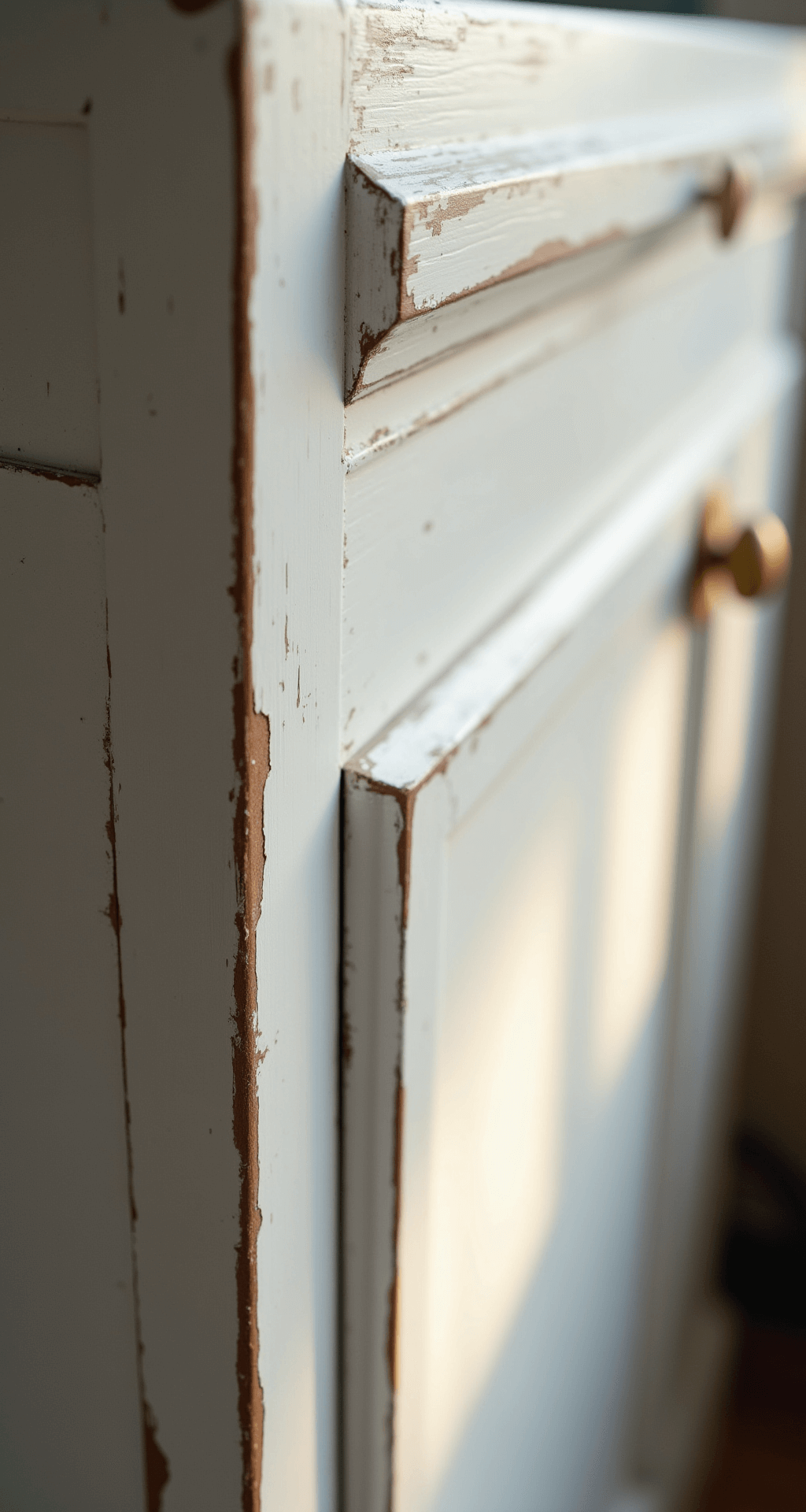 Close-up of a 3x4ft section of a painted white cabinet, showcasing wear patterns and touch-up techniques in morning light, with detailed texture, highlighting surface variations and paint application methods.
