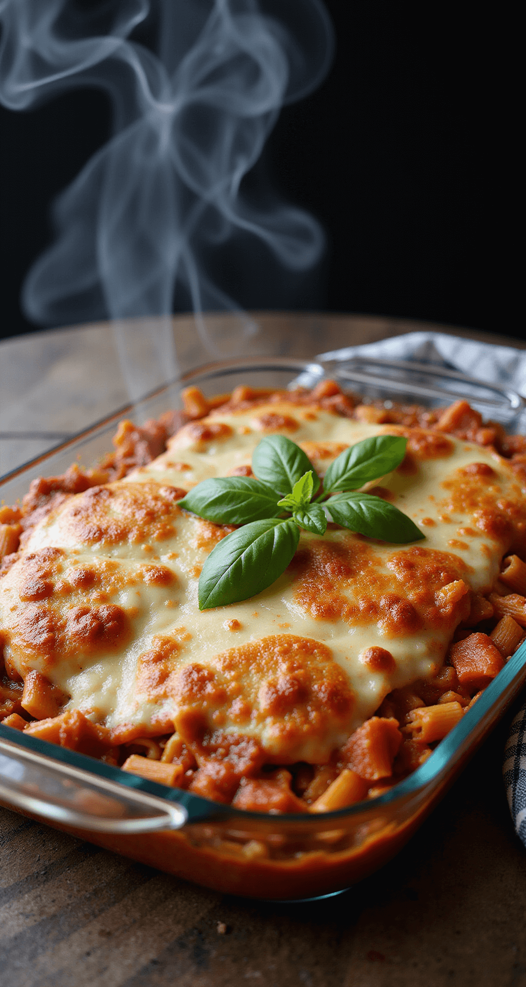 Close-up of a 9x13 glass dish of Johnny Marzetti, featuring golden-brown melted cheese, layers of pasta and tomato sauce, steam rising in dramatic lighting, garnished with fresh basil on a dark wooden table with a checkered cloth.