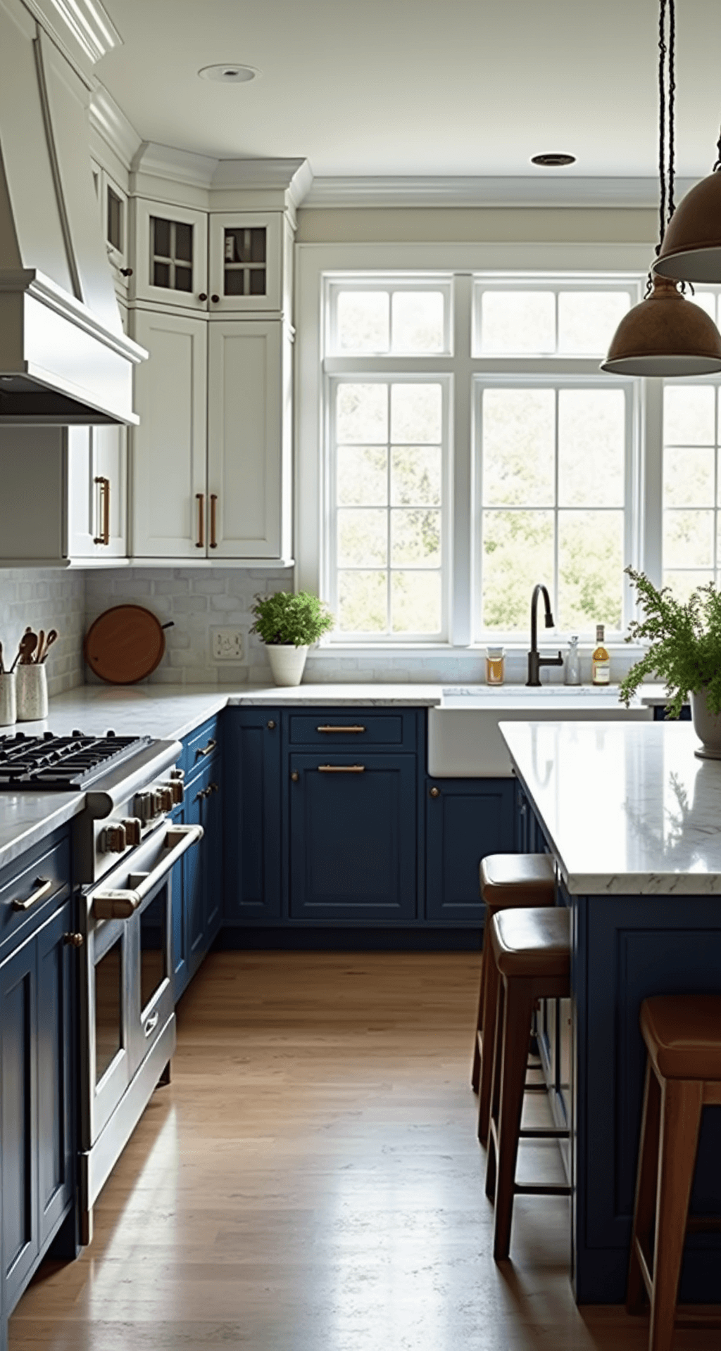 A bright 12x15ft kitchen with two-tone cabinetry in white and navy blue, marble countertops, brass fixtures, and a coastal-chic vibe, illuminated by morning sunlight through large windows.