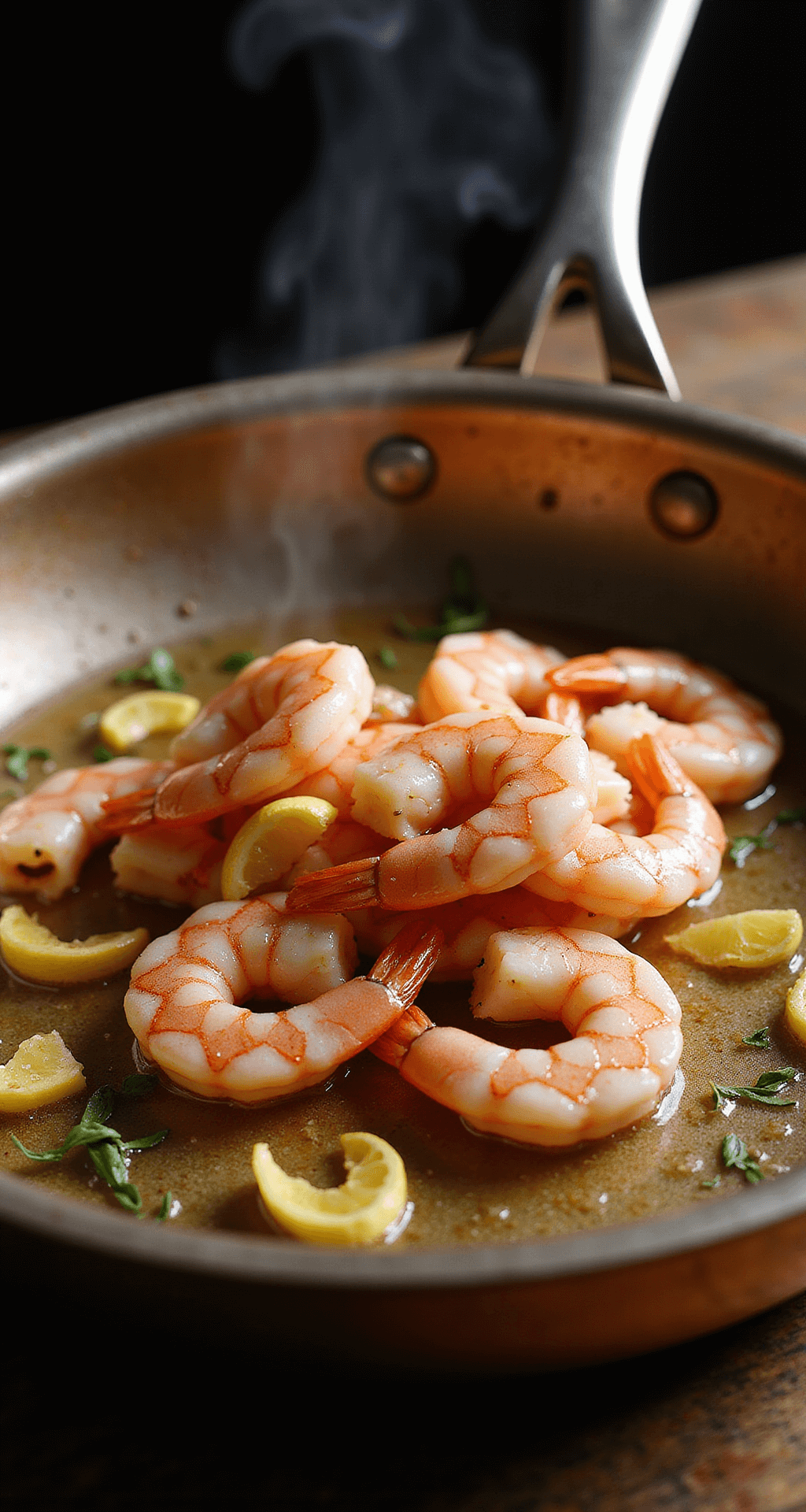 Close-up of glistening pearly-pink shrimp being placed in a vintage copper sauté pan with melted butter, surrounded by golden garlic slivers and fresh herbs, with steam rising in warm, directional lighting.
