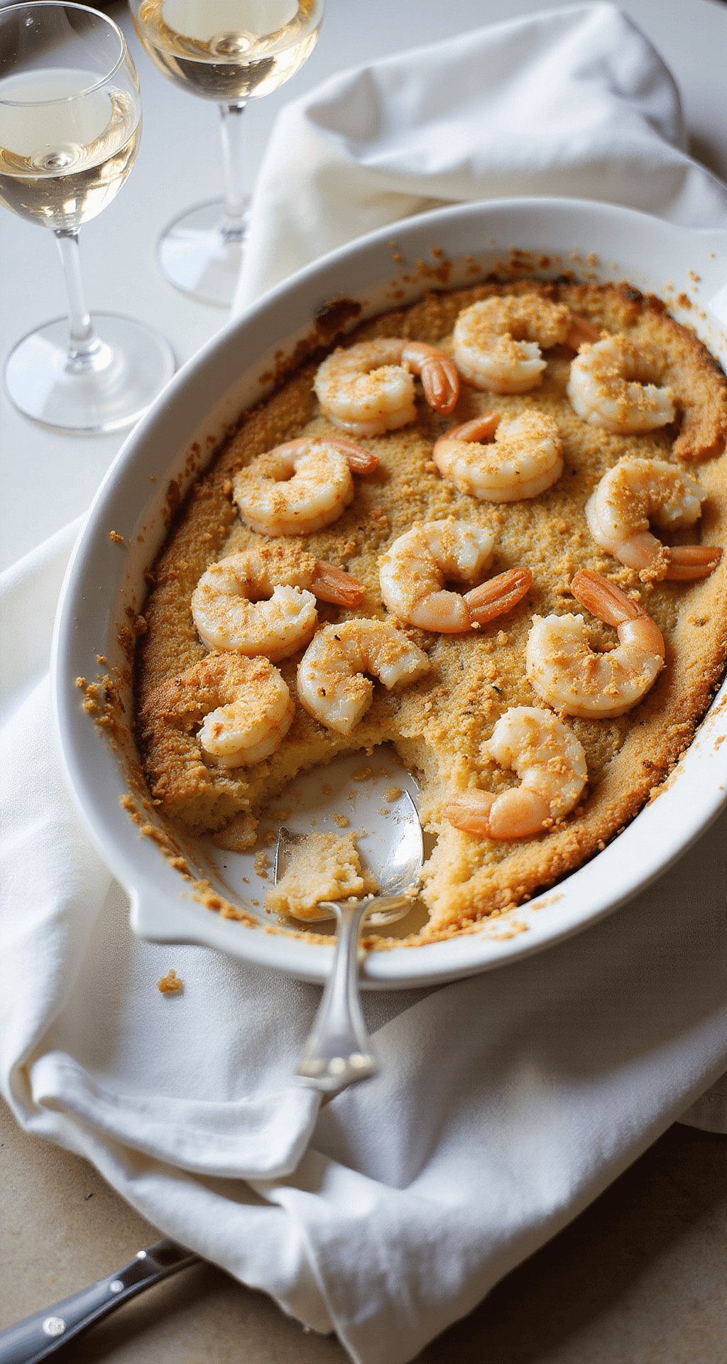 Overhead view of a white ceramic gratin dish filled with shrimp and a golden breadcrumb crust, emitting steam, surrounded by crystal wine glasses and white linen napkins, evoking an upscale Chicago dining experience.