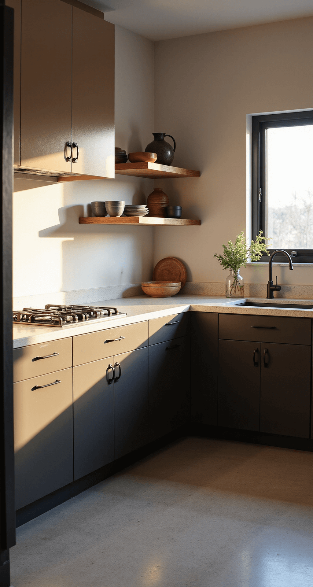 Cozy 10x12ft kitchen featuring warm taupe upper cabinets and rich charcoal lower cabinets, illuminated by golden hour light, with cream quartz countertops, matte black hardware, and floating wooden shelves displaying artisanal ceramics.