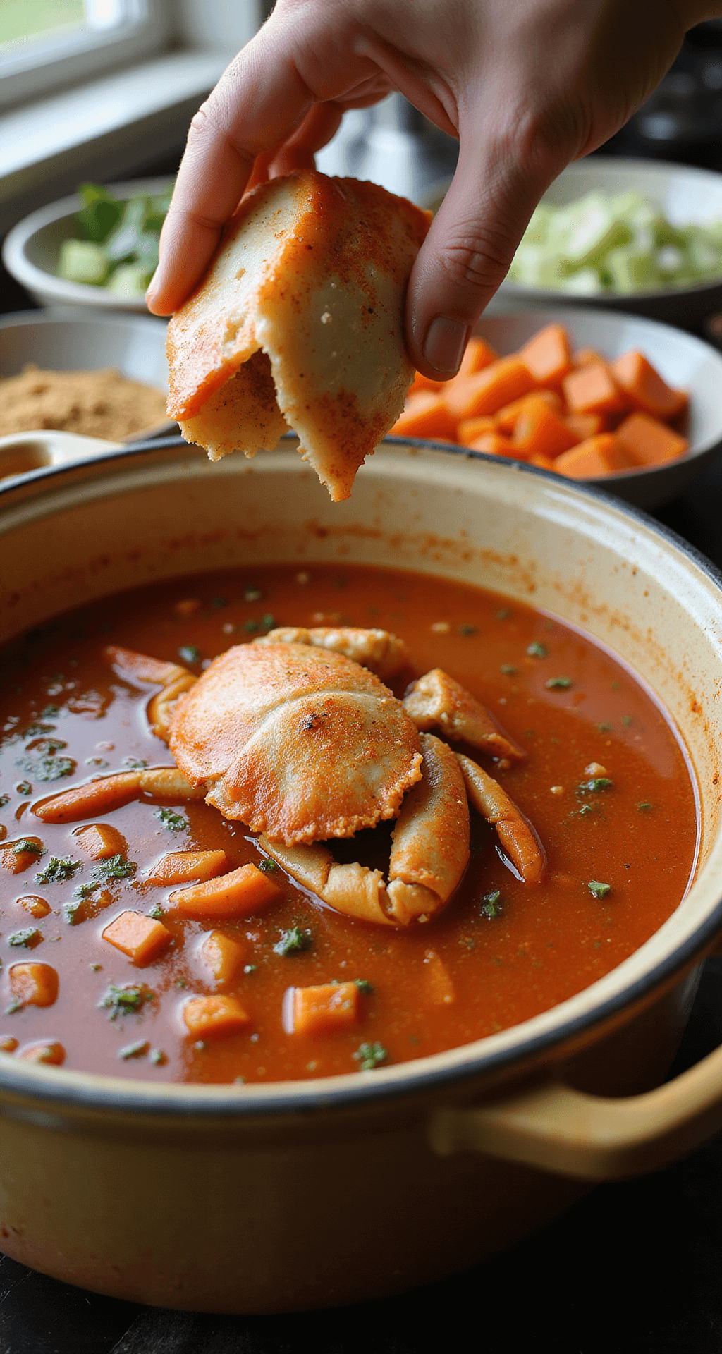 Close-up of fresh blue crab meat being added to a steaming stockpot of tomato broth and vegetables, with warm afternoon light illuminating the scene and bowls of diced ingredients in the background.