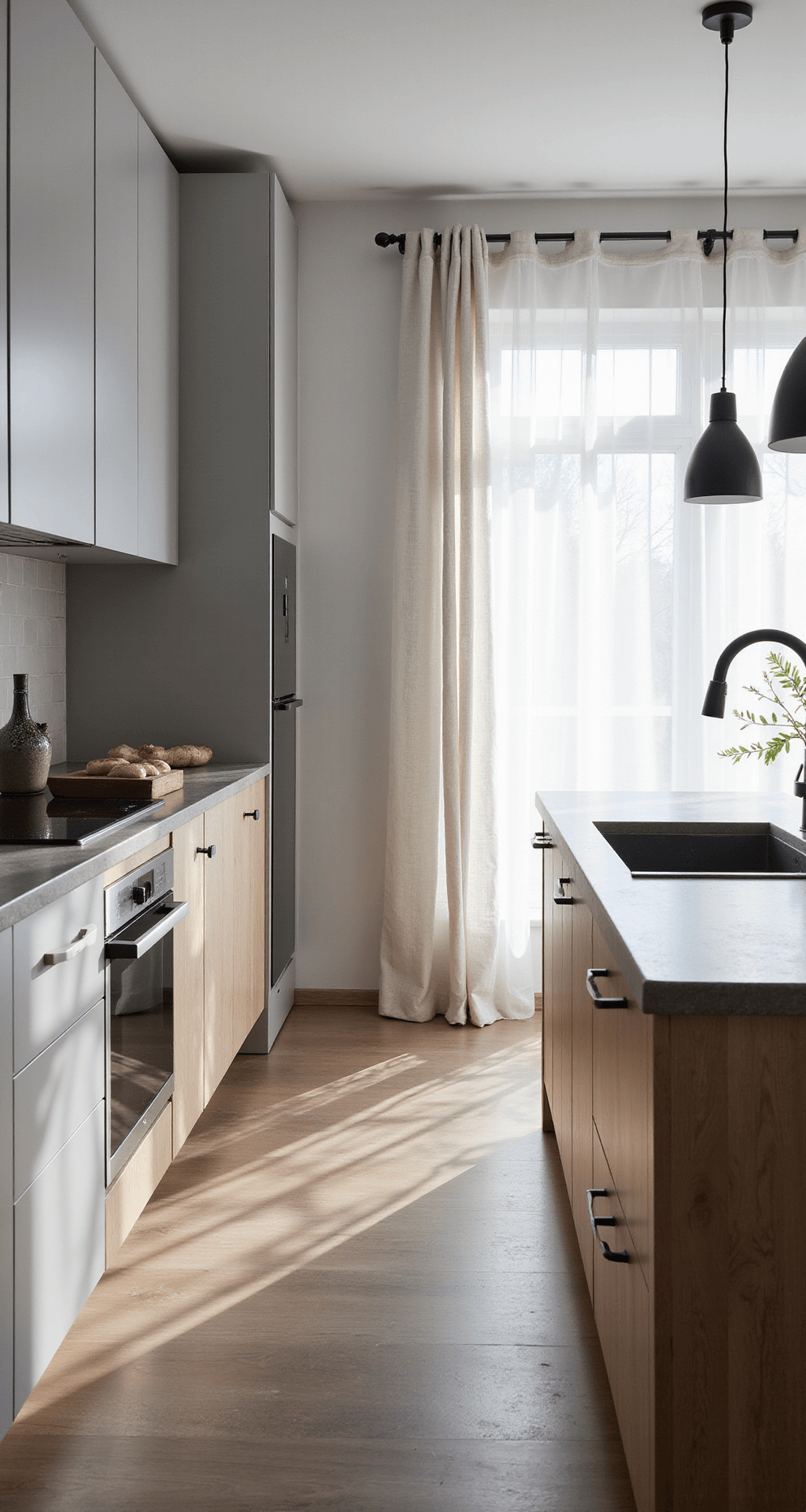 A Scandinavian-inspired kitchen featuring light gray upper cabinets, natural white oak lower cabinets, and concrete countertops. The space includes a large center island with an integrated sink, minimalist black metal handles, and is bathed in diffused afternoon light through sheer curtains. Textural elements like linen textiles and matte ceramics contribute to a cozy hygge atmosphere.