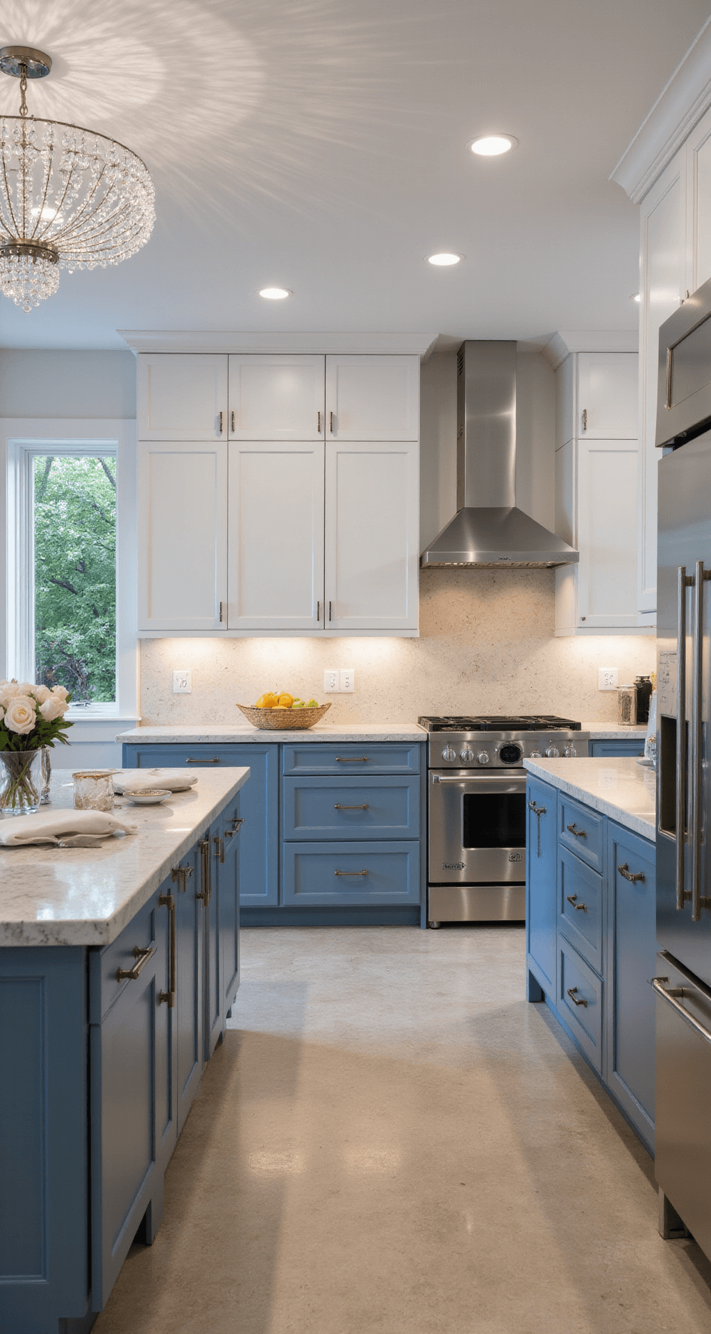 Luxurious kitchen with white upper cabinets and powder blue lower cabinets, featuring Calacatta gold marble counters, polished nickel fixtures, and a crystal chandelier, set in an elegant atmosphere with fresh flowers and silver accents.