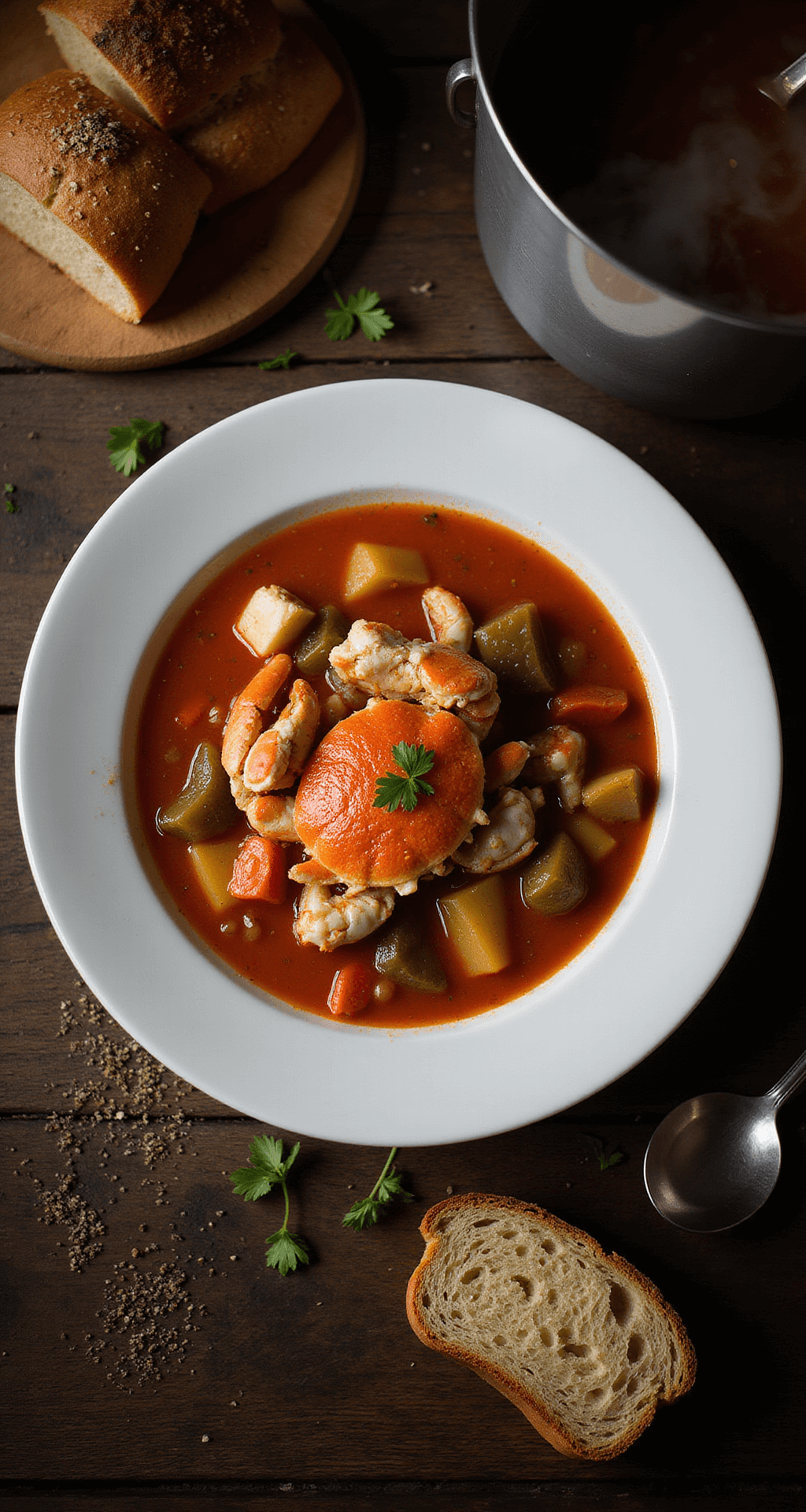 Overhead view of rich Maryland crab soup in an elegant white bowl, featuring blue crab meat and vegetables, with rustic bread, Old Bay seasoning, and parsley on a dark wooden table.