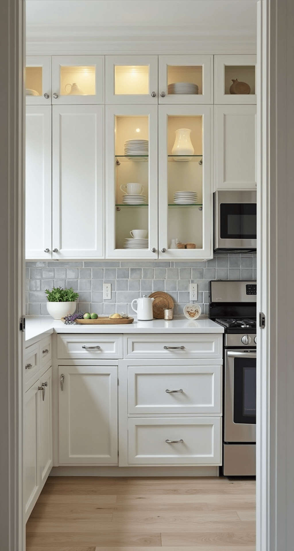 A compact 8x10ft kitchen featuring pearl white cabinets, glass-front uppers, and a mirror-finish backsplash, illuminated by under-cabinet lights and multiple light sources, creating an airy atmosphere with floating shelves and chrome hardware.