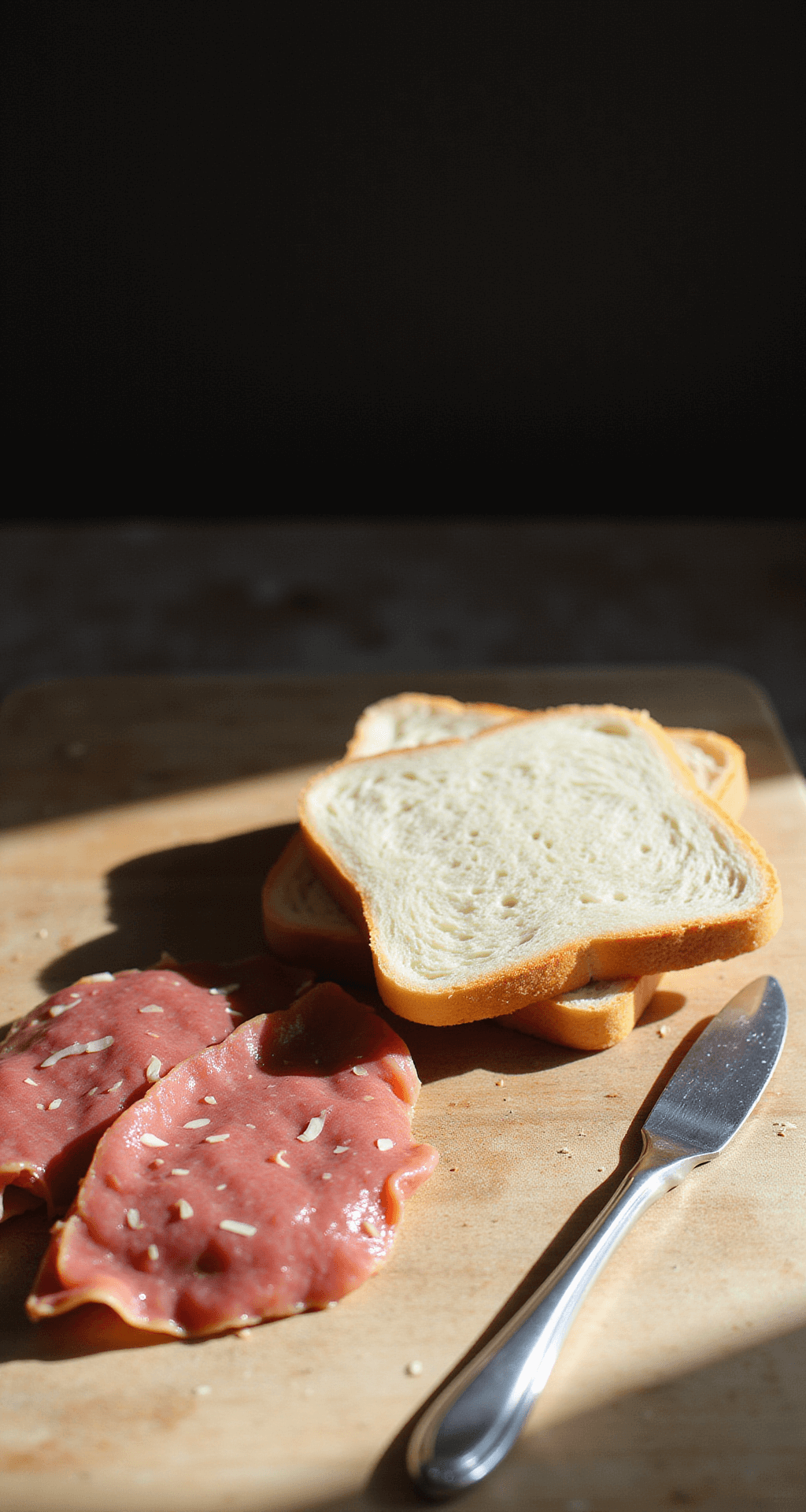 Close-up of sliced bologna with delicate knife cuts on a wooden cutting board, accompanied by squared white bread slices and a butter knife, illuminated by soft morning light creating a warm, nostalgic atmosphere.