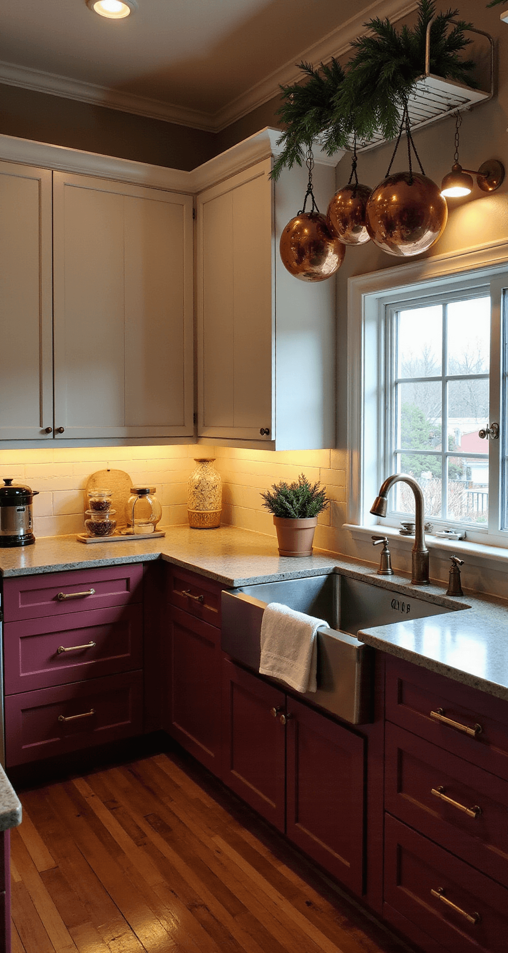 A cozy winter kitchen featuring deep burgundy lower cabinets, cream upper cabinets, and warm LED lighting. The soapstone counters have a matte finish, complemented by aged brass hardware and hanging copper pots. The scene is bathed in golden hour light, highlighting seasonal greenery and wooden elements, creating an intimate ambiance.