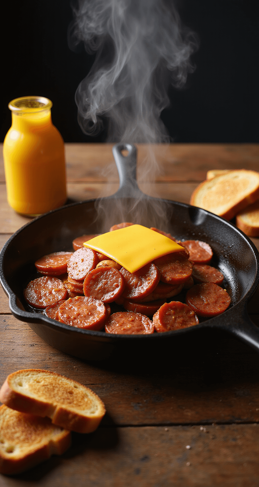 Dynamic overhead shot of sizzling golden-brown bologna in a cast iron skillet with melting American cheese, steam rising in dramatic kitchen lighting, surrounded by a vibrant yellow mustard bottle and crisp toasted bread.