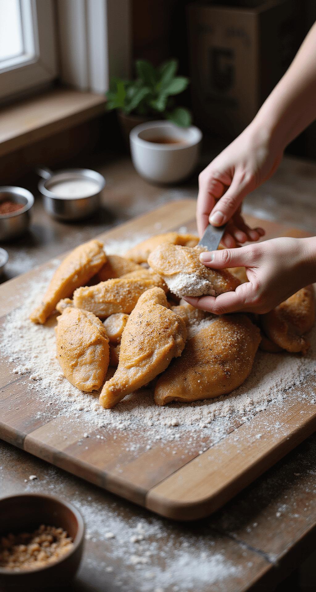 Close-up of hands dredging golden chicken pieces in flour on a rustic wooden cutting board, with soft natural light illuminating the scene and measuring cups and seasonings scattered nearby, conveying a warm, homey atmosphere.