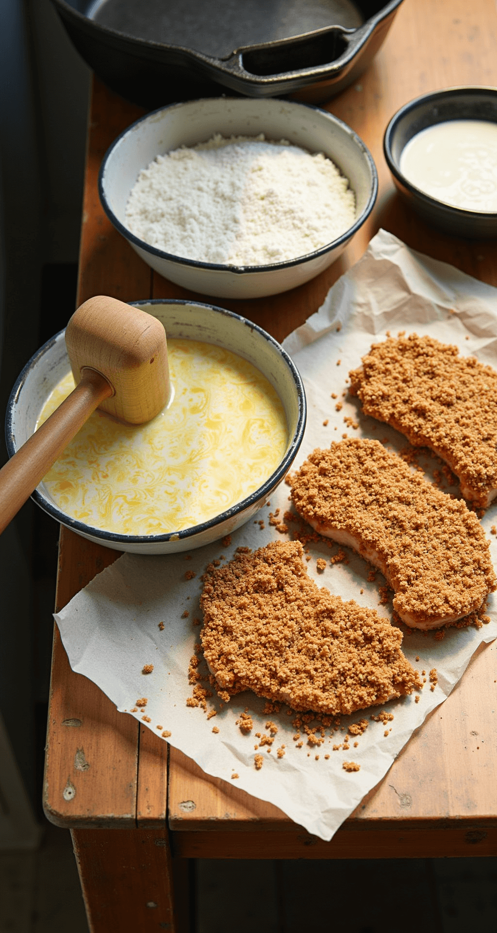 Close-up image of three dredging stations with seasoned flour, egg-buttermilk wash, and golden breadcrumbs on a rustic wooden counter, alongside a cast iron skillet and pounded pork chops on butcher paper, evoking a warm Southern kitchen vibe.