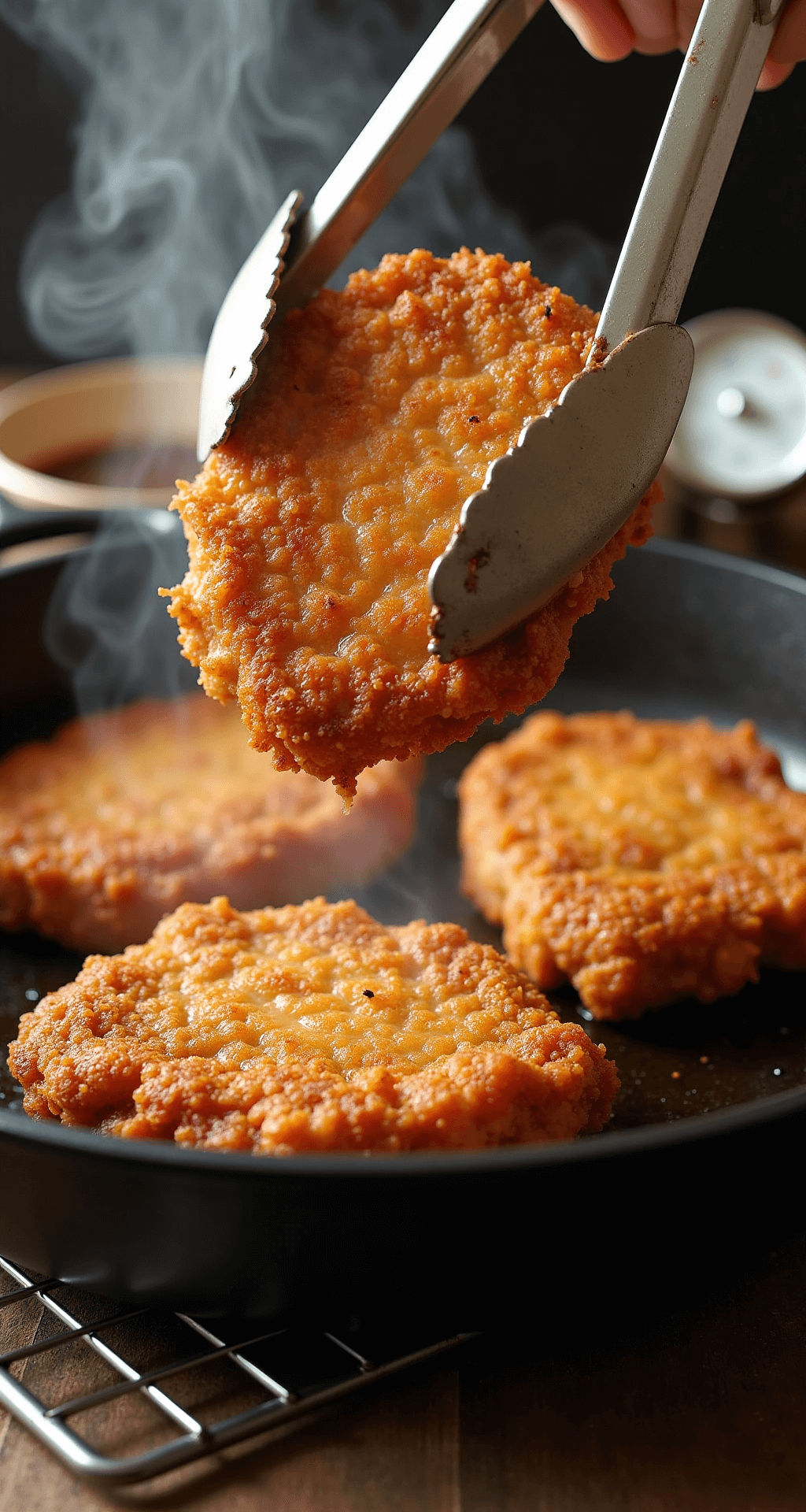 A pair of vintage tongs lifts perfectly golden-brown fried pork chops from a cast iron skillet, steam rising as the crispy, textured coating glistens with oil bubbles; pan gravy simmers in the background, with warm kitchen lighting highlighting the breading's crackled surface and shadows, alongside a meat thermometer and wire cooling rack.