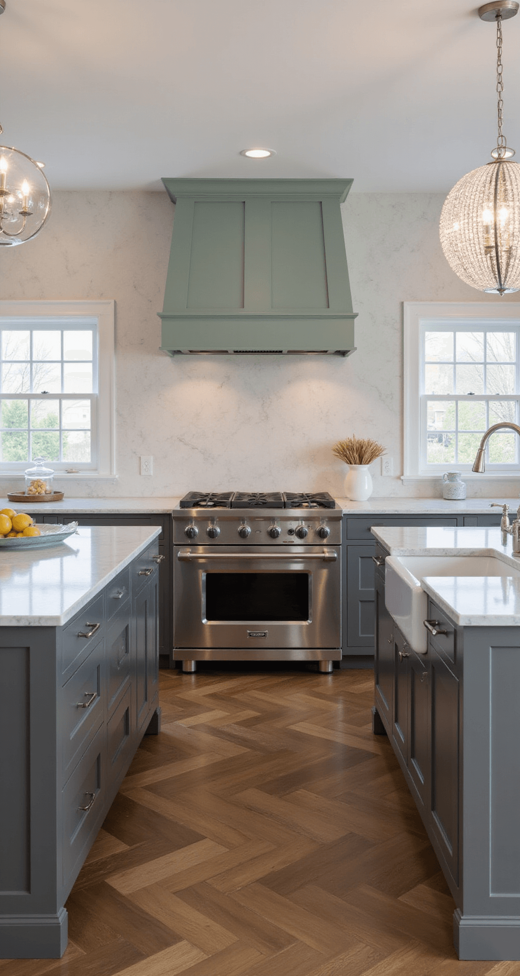 L-shaped transitional kitchen featuring Cornwall Slate cabinets, Carrara marble countertops, a Wolf range with a custom sage green hood, and a crystal chandelier over a marble-topped island, all illuminated by natural light with accent lighting, set against herringbone hardwood floors.