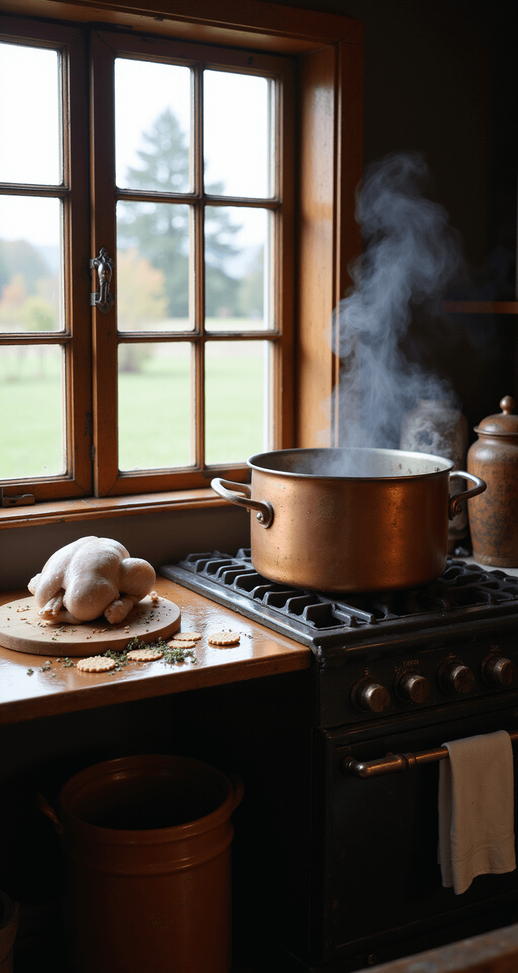 A rustic farmhouse kitchen with warm natural light, showcasing a large copper stockpot on a vintage stove, a whole raw chicken on a wooden cutting board, and scattered herbs and crackers, evoking a cozy cooking atmosphere.