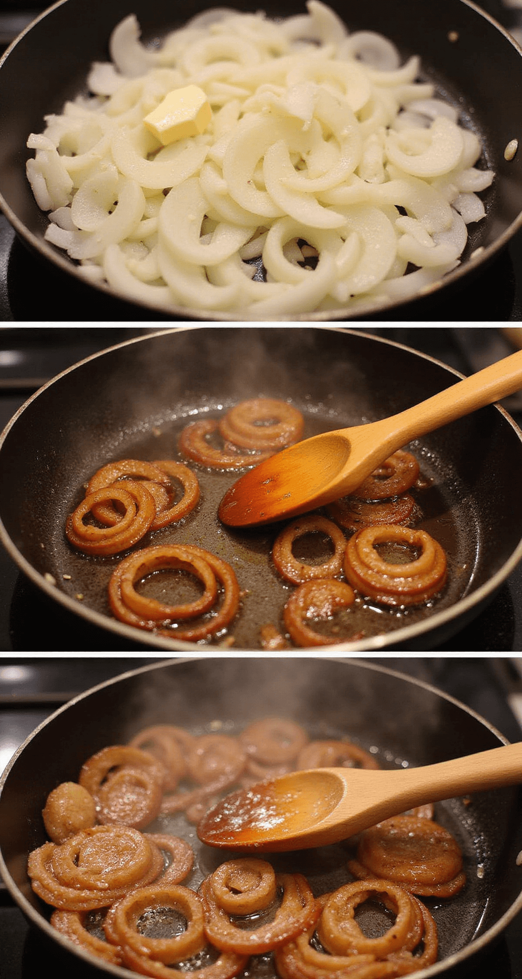 A close-up of caramelizing onions in a cast iron skillet, showcasing their transformation to deep golden brown with warm lighting and steam rising, creating a cozy kitchen atmosphere.
