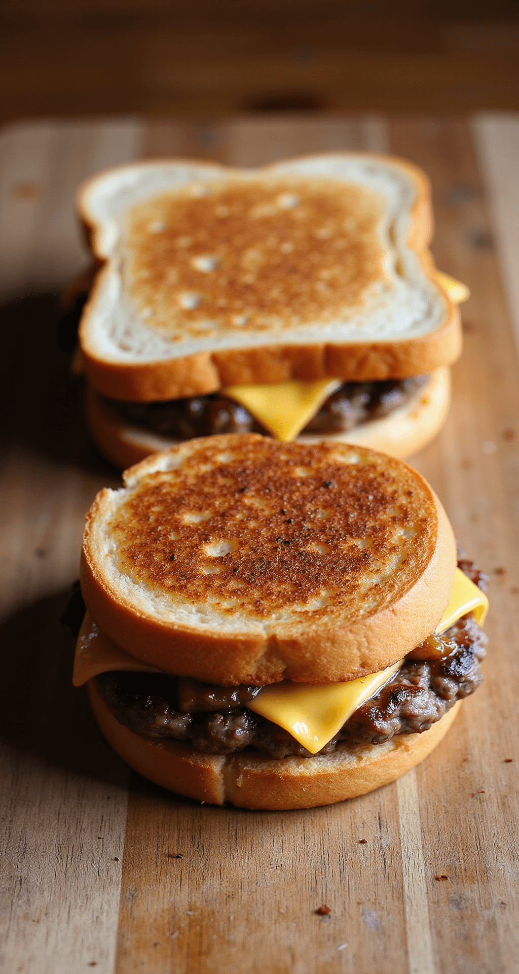 Overhead view of a patty melt sandwich on a wooden cutting board, featuring marbled rye bread, melted Swiss cheese, a seared burger patty, caramelized onions, and a hint of creamy burger sauce.