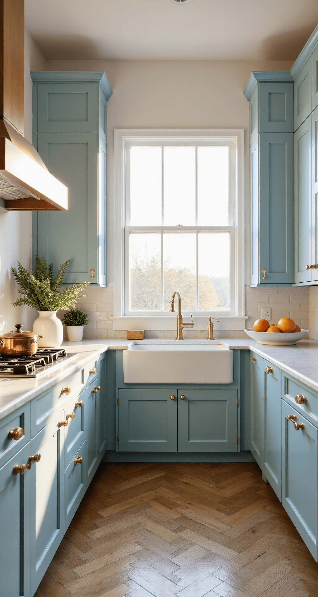 A sunlit 12x15ft kitchen with light blue shaker cabinets and Carrara marble countertops, featuring a farmhouse sink and herringbone oak floors, styled with white vases, copper cookware, and a marble fruit bowl.