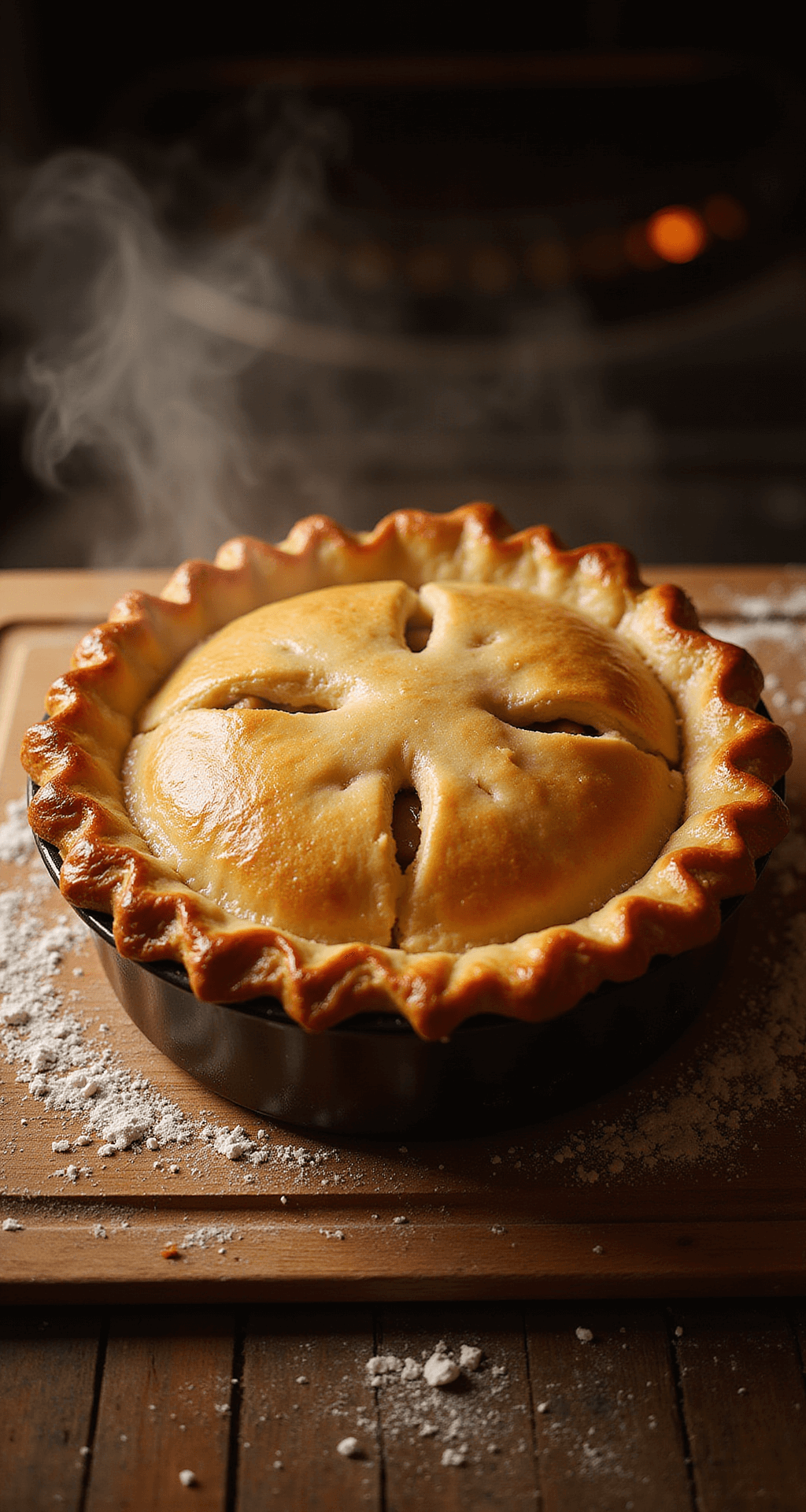Overhead view of a golden-brown turkey pot pie with a flaky double crust, steam rising through decorative venting slits, resting on a floured wooden cutting board.
