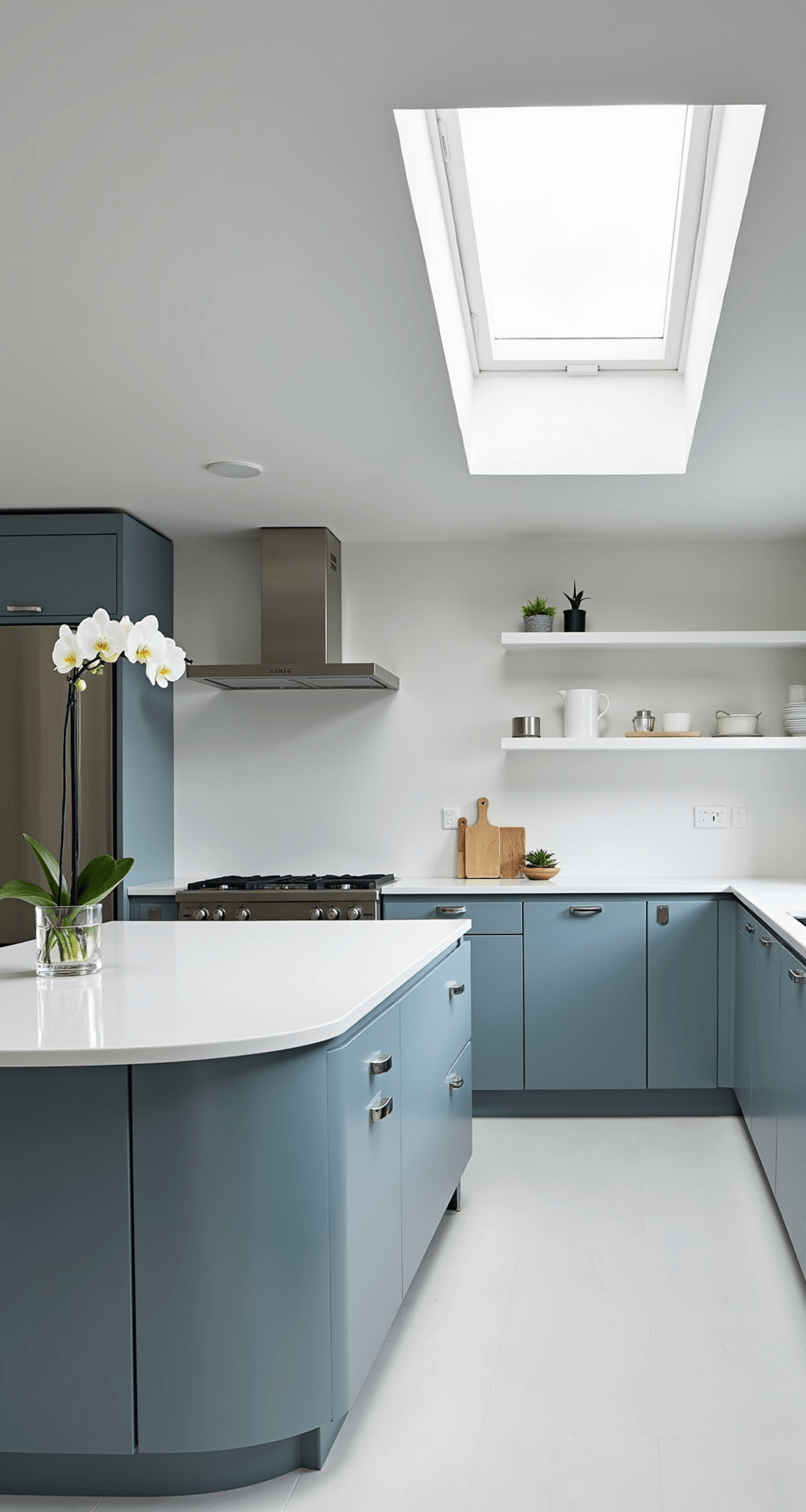 A modern minimalist kitchen (10x12ft) featuring matte light blue slab cabinets, a white quartz waterfall island, stainless steel appliances, and a single orchid in clear glass, all illuminated by diffused natural light from skylights.